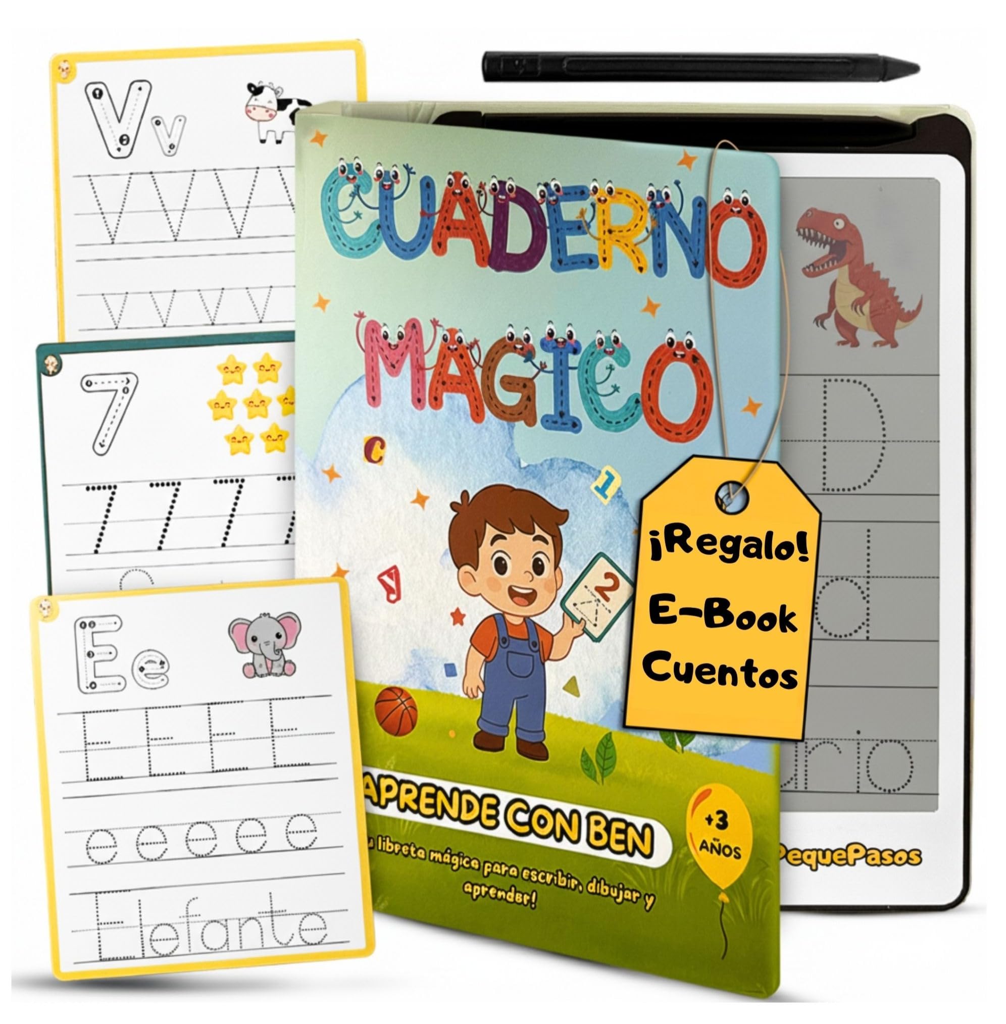 Pizarra Mágica Infantil 8,5" + 42 Tarjetas Educativas + Libro de Cuentos “Aventuras con Ben” + Guía para Padres | Juguete Montessori 3-8 Años | Regalo Ideal para Dibujar, Escribir y Aprender.