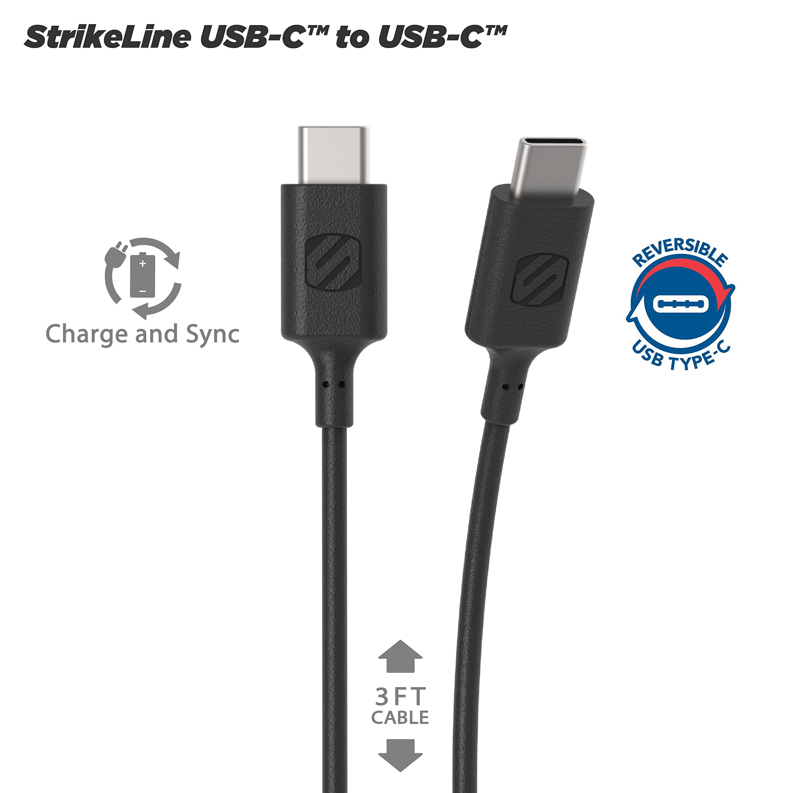 SCOSCHE StrikeLine USB Type C/USB-C to USB Type C/USB-C Quick Charge & Sync Cable with 480 Mbps Transfer Rate - Compatible with Samsung Galaxy S8/S8 Plus, HTC 10,New Apple Macbooks Black (CC23)