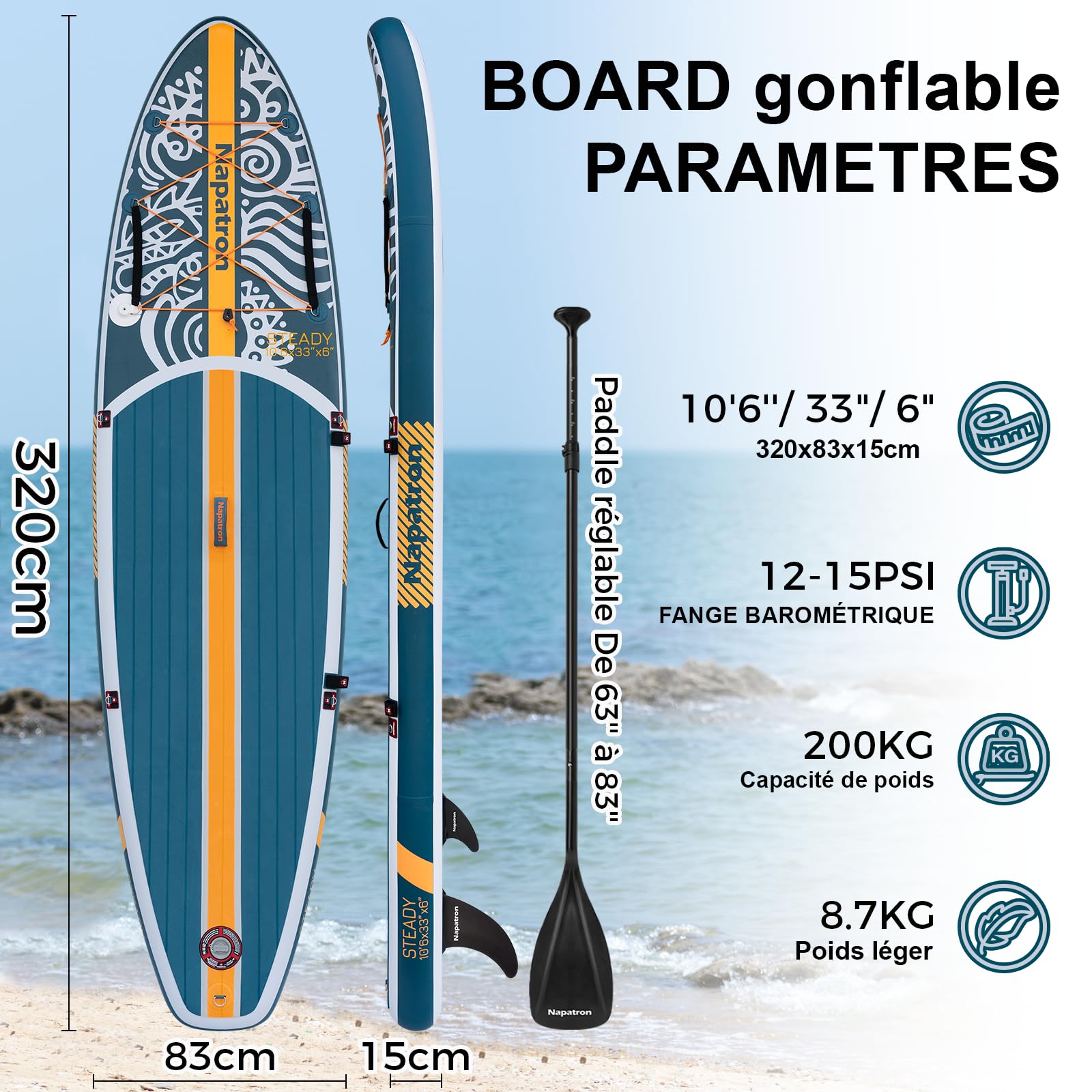 Napatron Planche à pagaie gonflable, 3 m, ultra légère avec pagaie réglable, pont antidérapant, laisse enroulée et sac de transport, planche à pagaie stable tout autour pour adultes