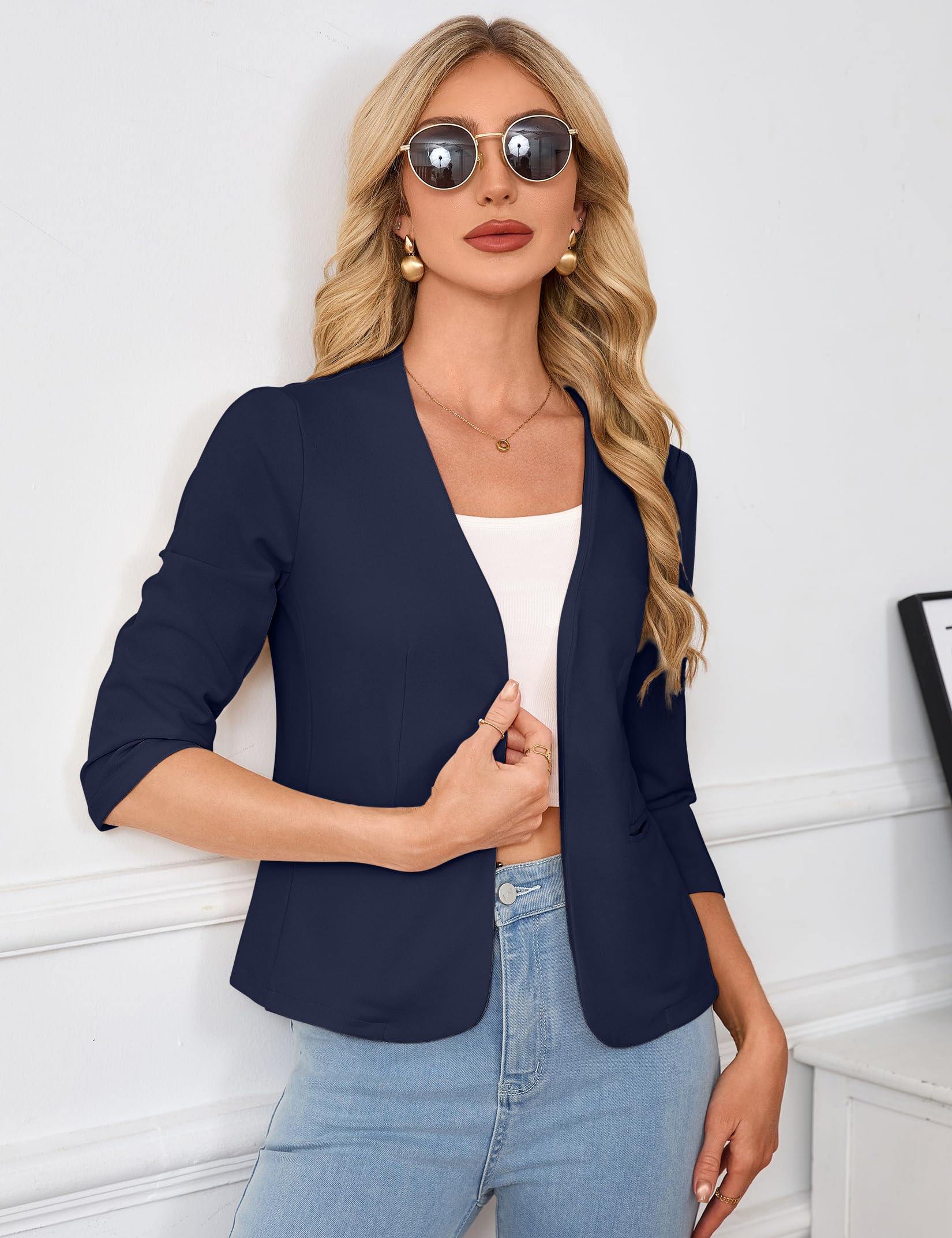 YesFashion Blazer Damen Elegant Blazerjacke Open Front 3/4 Ärmel Leichte Jacke Business Büro Anzugjacke(Verpackung MEHRWEG)