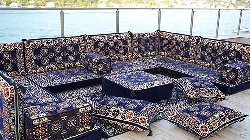 Miniatura 3 de arabicsofa Juego de sofá de asiento bajo Majlis árabe azul marino, fundas lavables para sala de estar, cojines de suelo turcos