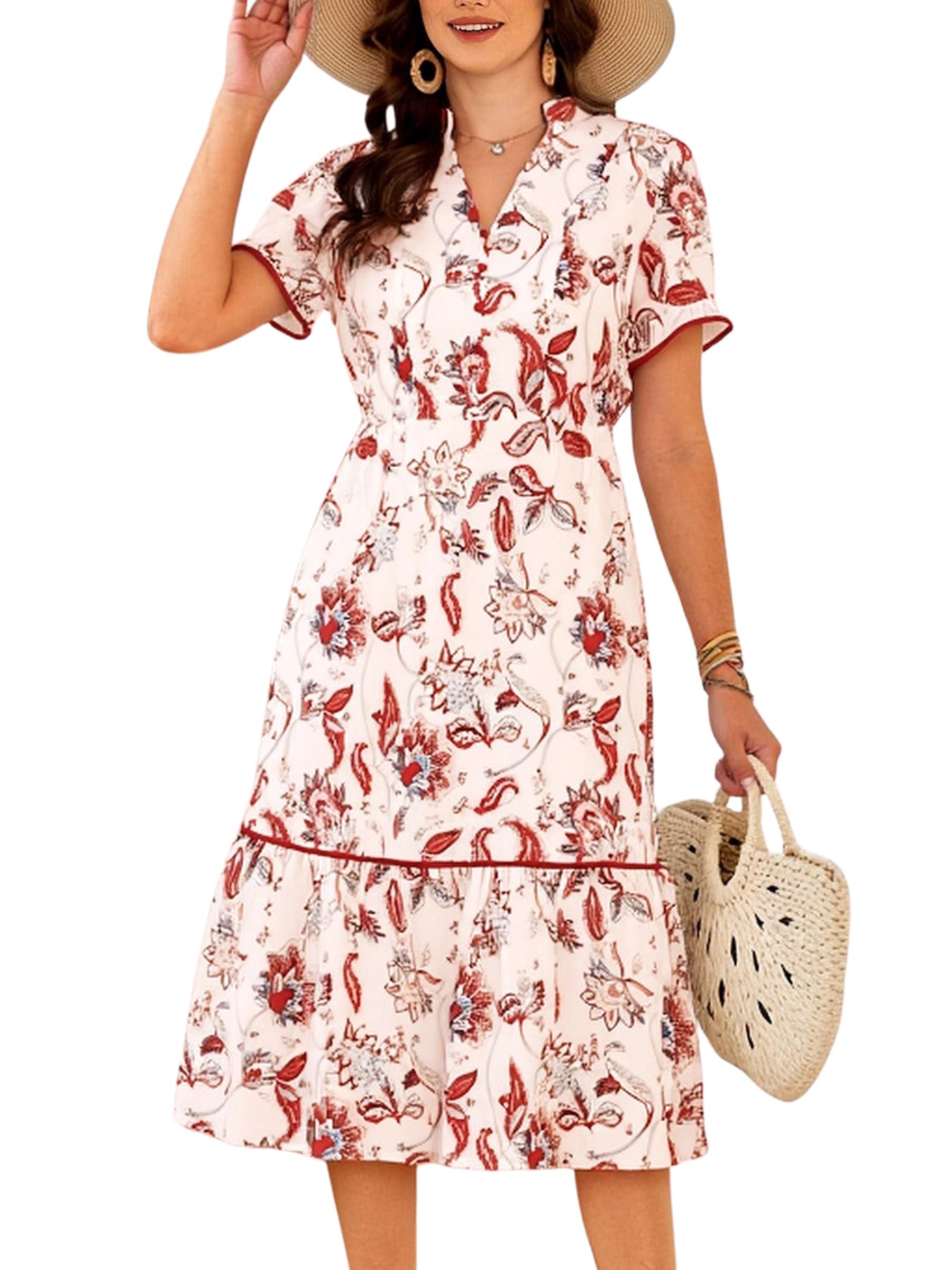 ECOWISH Women Summer Casual Dress - V Neck Short Sleeve Gingham Midi Pleated Tiered Loose Fit Holiday Picnic Dresses