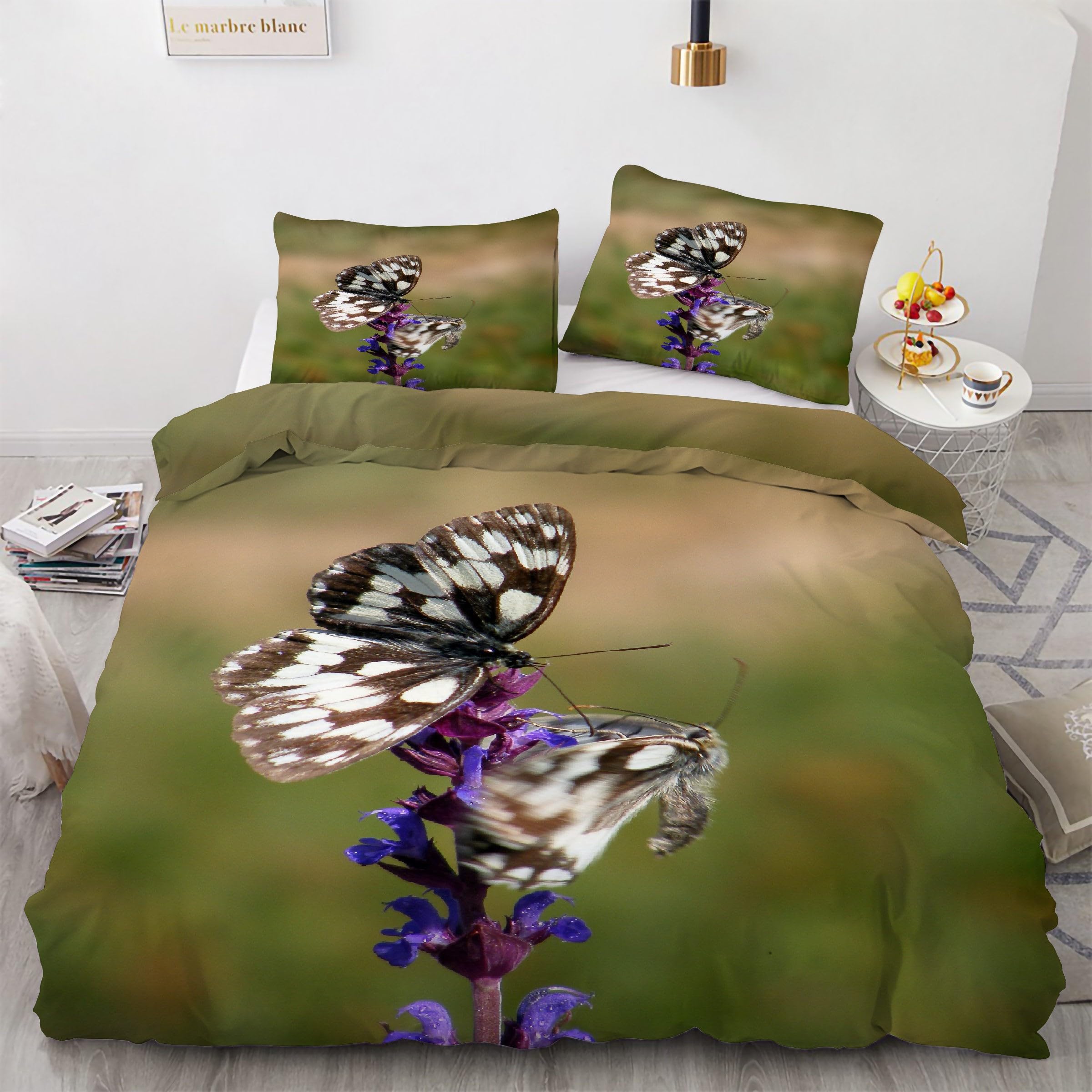 Housse de couette 200x200 fleurs et papillons blancs pour une chambre nature chic