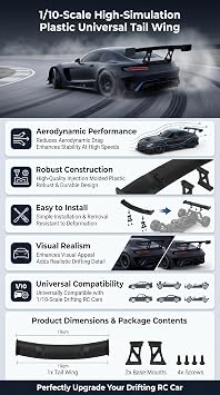 RC Car Tail Wing, Drifting RC Wing with Base Mount and Screws, 1/10 Scale Spoiler for RC Enthusiasts, Hobbyists, and Drift Racing Models