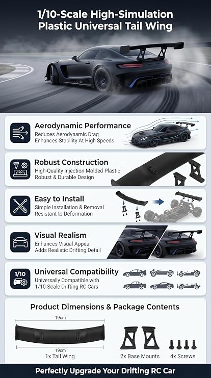 RC Car Tail Wing, Drifting RC Wing with Base Mount and Screws, 1/10 Scale Spoiler for RC Enthusiasts, Hobbyists, and Drift Racing Models