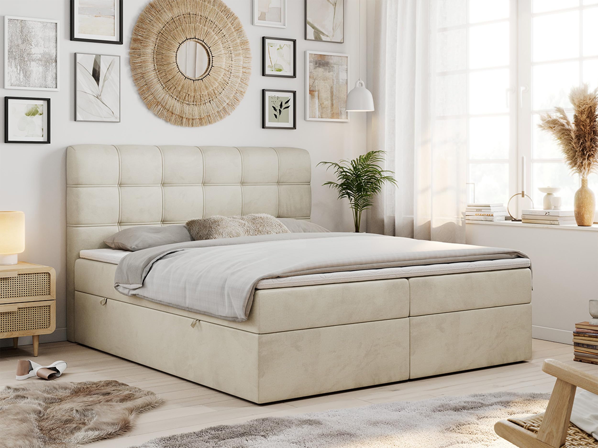 MKS MEBLE Boxspringbett 180x200 mit Matratze, Bett mit Multipocket - Matratze H3 und Topper, Polsterbett 180x200 mit Bettkasten und Kopfteil, Fast - Beige Monolith