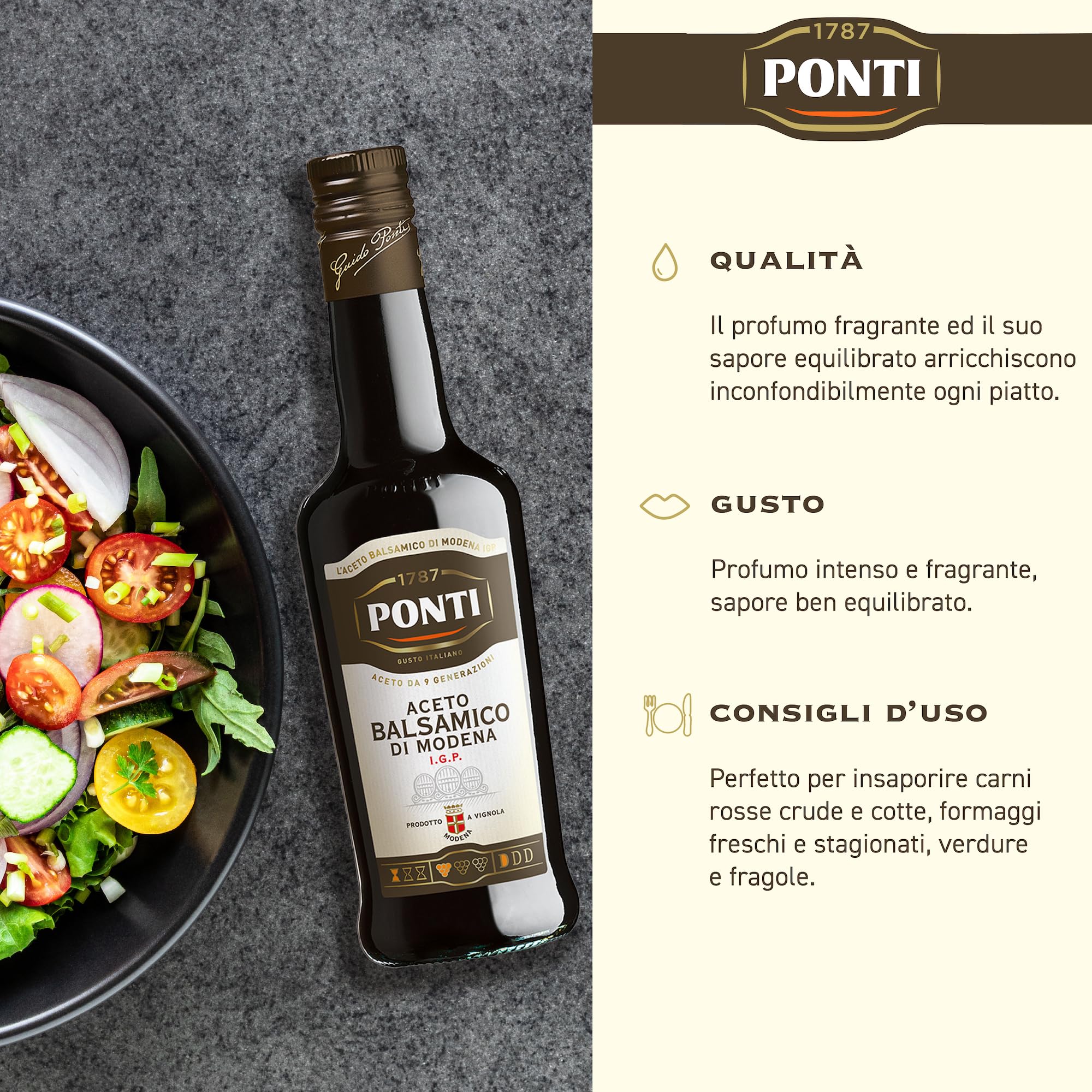 Ponti, Aceto Balsamico Modena I.G.P., Proveniente da Uve di 7 Vitigni Selezionati e Pregiato Aceto di Vino, Ideale per Insaporire Carni Rosse Crude e Cotte, 100% Made in Italy, 12 Bottiglie da 500 ml