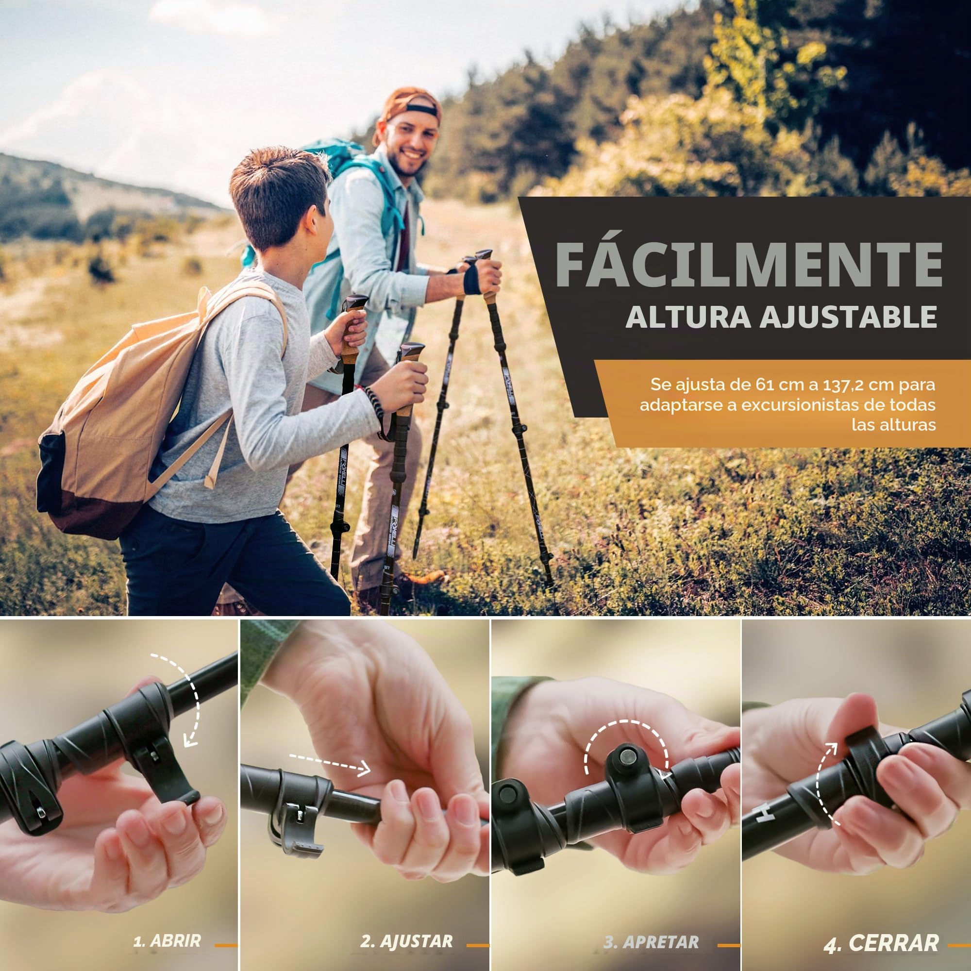Foxelli Bastones de Senderismo de Fibra de Carbono – Bastones de Senderismo Plegables Ligeros, Bastones de Senderismo Que absorben los Golpes con agarres de Corcho Natural, cerraduras abatibles,