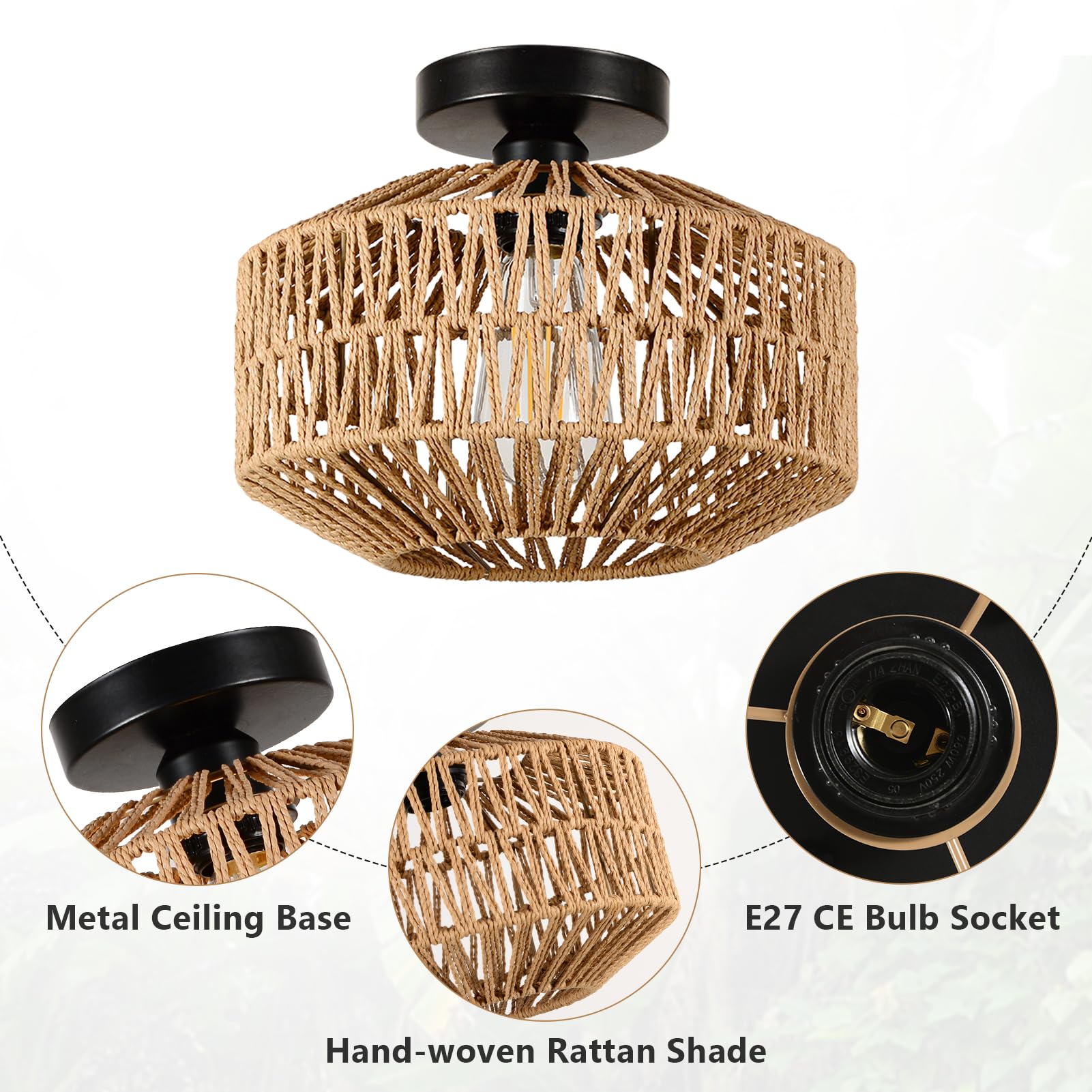 Rayofly plafonnier en rotin suspendu, plafonnier boho avec abat-jour en rotin, plafonnier vintage en bambou, lampe de plafond rustique en rotin pour salon chambre cuisine couloir