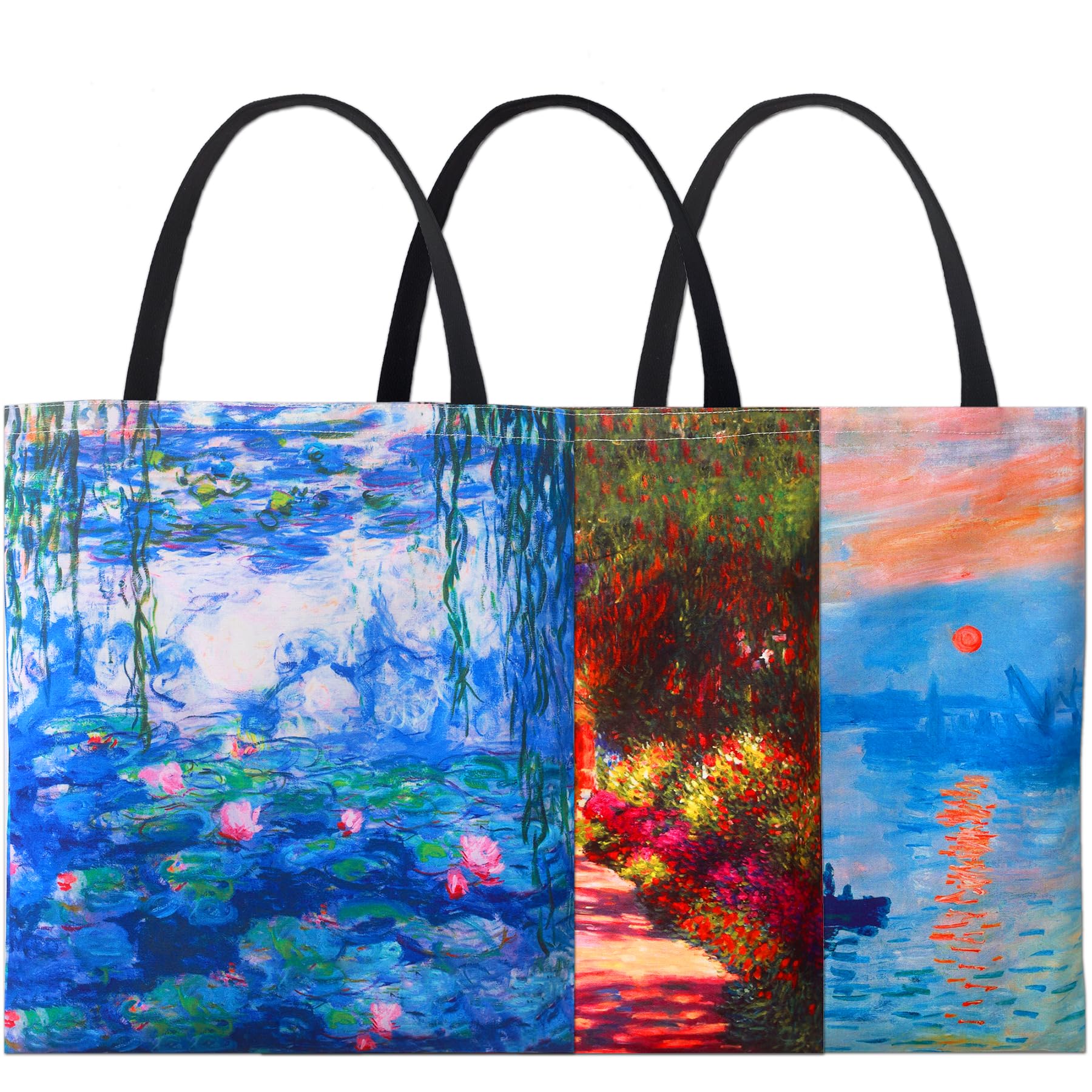 SuyuanArt 3 Pack Aesthetic Vintage Cute Tote Bag,Van Gogh Claude Monet Beach Alphonse Mucha Beach Travel Bags for Women
