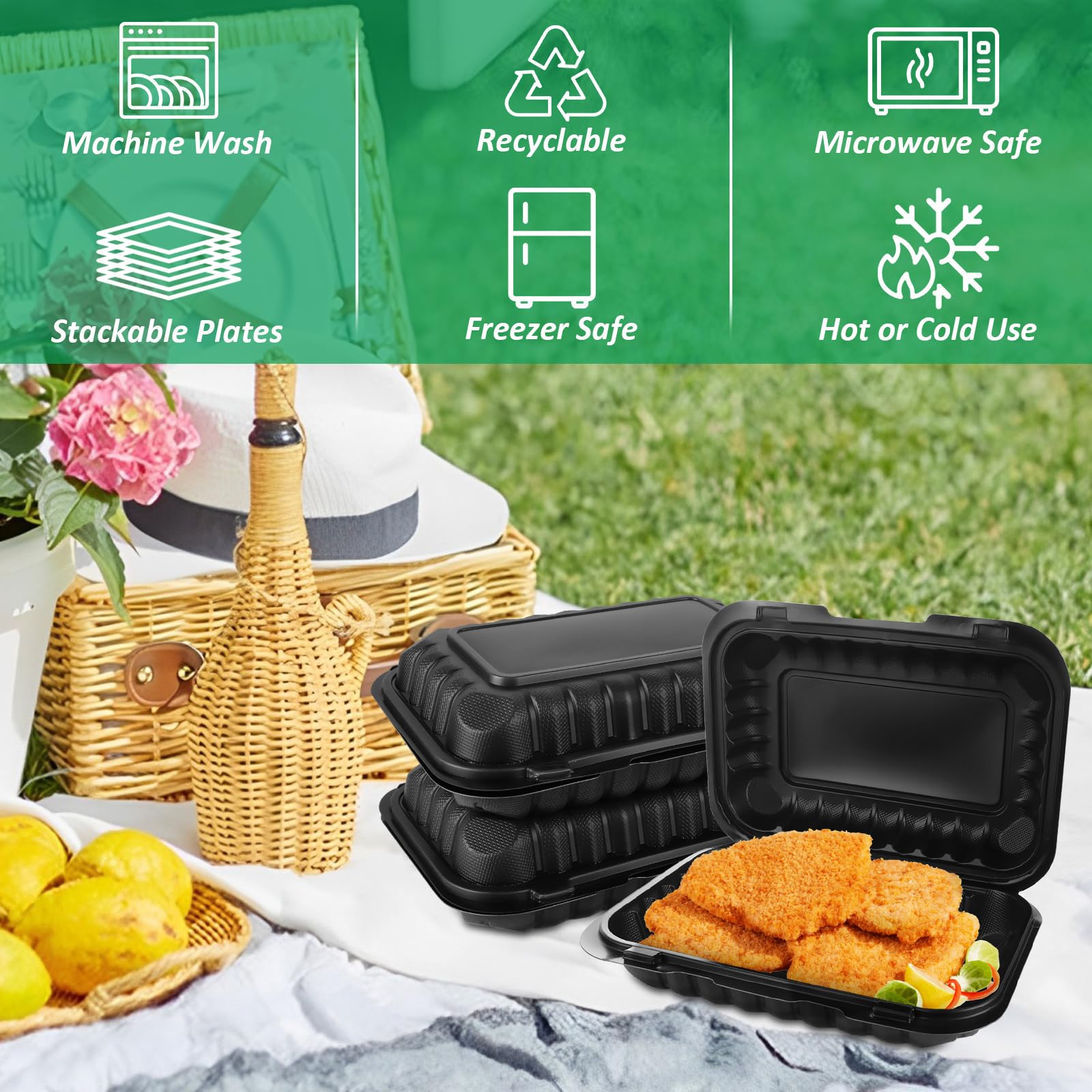 WOPPLXY Paquete de 50 recipientes de plástico para alimentos de 27 onzas, recipientes de plástico de 9 x 6 pulgadas con tapas, cajas de plástico reutilizables sin BPA, cajas desechables para