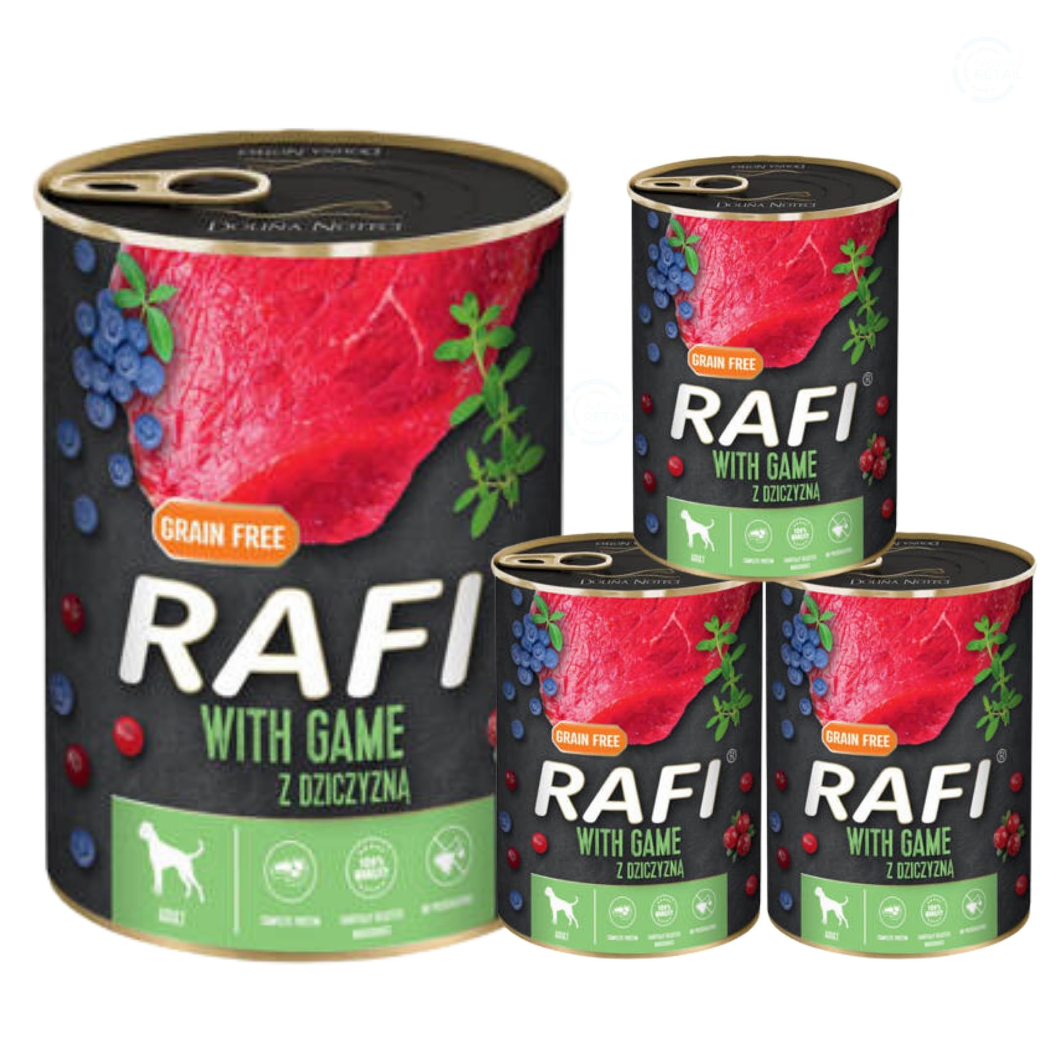 Rafi Complete Wet Dog Food: Meat & Natural Ingredients, Grain-Free, Immune-Boosting Superfoods in Every Flavour! Healthy & Tasty Nutrition for All Breeds! (Game, 4x400g)