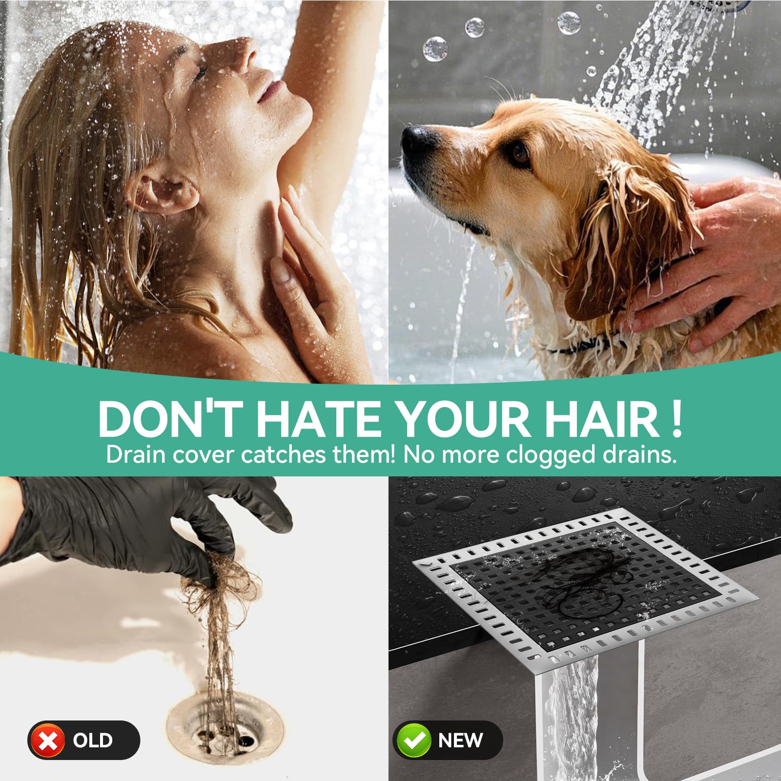 Colador de pelo cuadrado de acero inoxidable y silicona, apto para la mayoría de desagües y suelos de baño (1, gris)