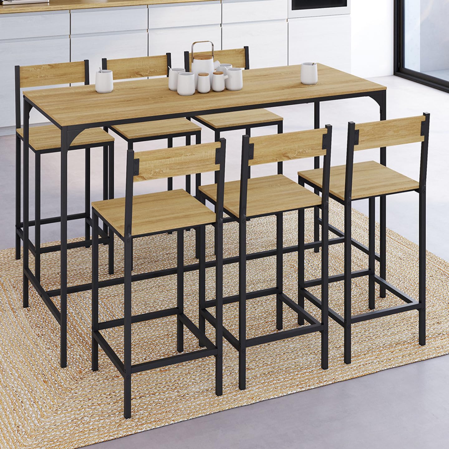 IDMarket - Set Bar-Hochtisch Detroit 150 cm und 6 Barstühle Industriedesign