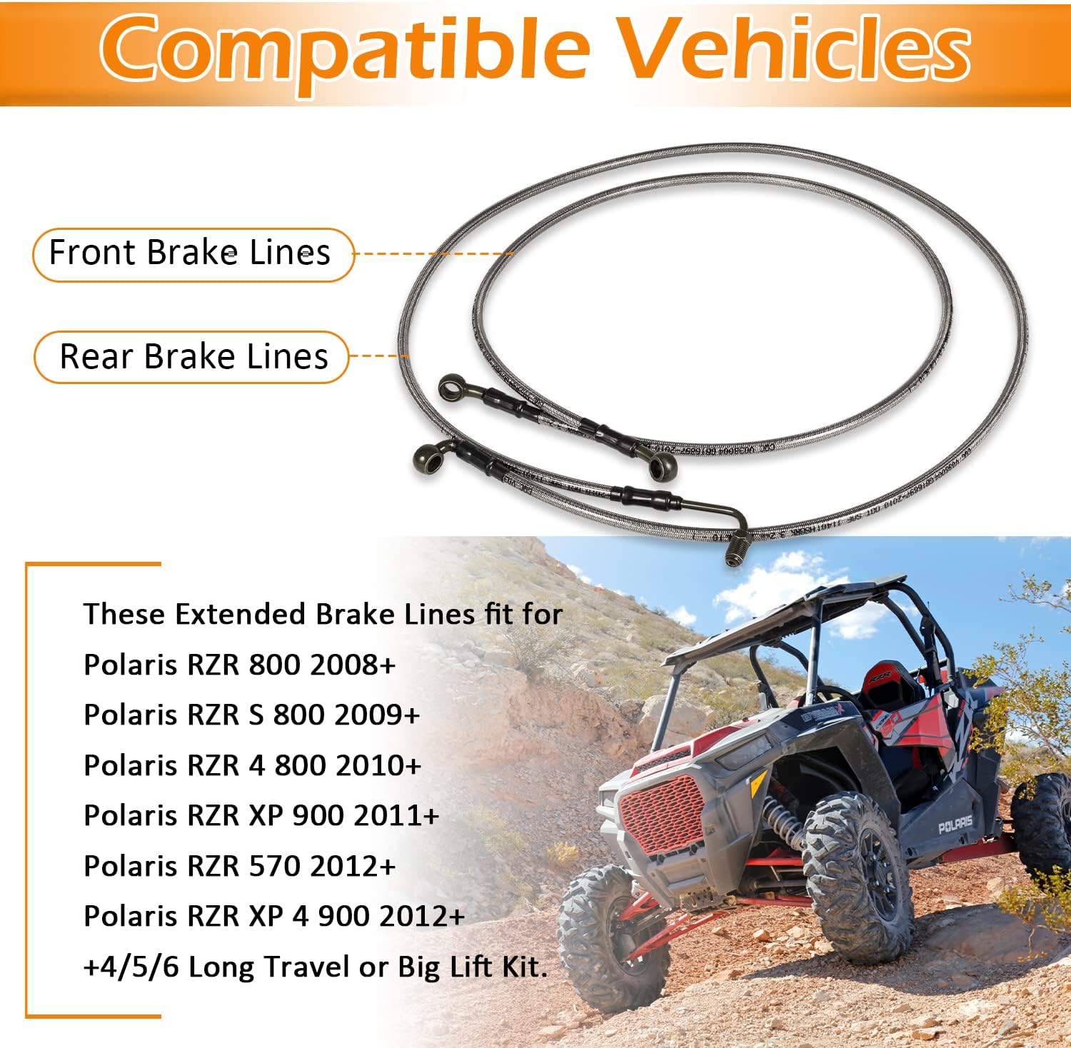 1068 Extended Front & Rear Brake Lines for Polaris RZR 800 / S 800/4 800 / XP 900/570 / XP 4 900