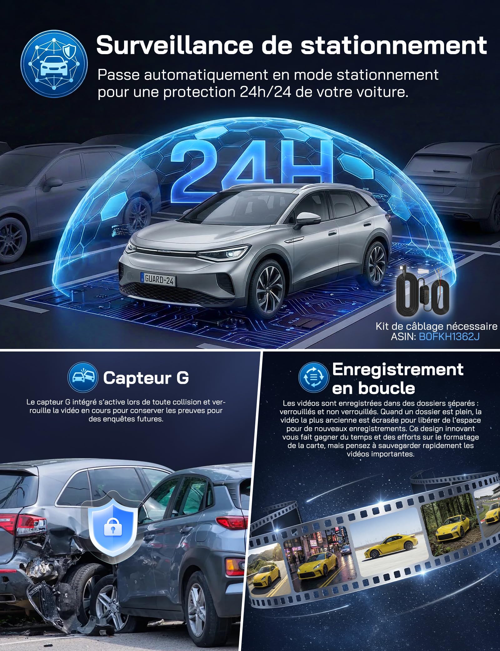 WOLFANG 2.5K Dashcam Voiture, 1440P WiFi Caméra Voiture avec App Contrôle, Mini Dash Cam Avant avec Grand Angle 170°, G-Capteur, Mode Stationnement 24H, Vision Nocturne, Enregistrement en Boucle