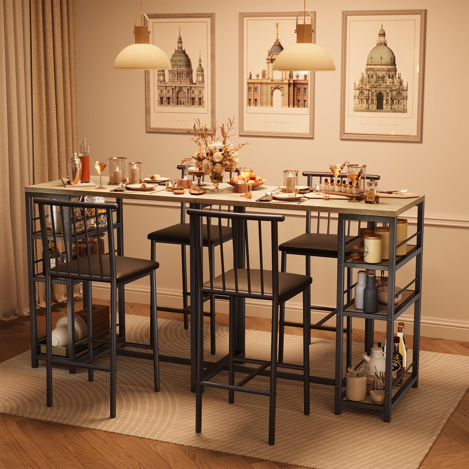 Xbro Bartisch Set 3-Teilig, Esstisch mit 2 Gepolsterten Stühlen, Esstisch-Set für 2 Personen mit 3 Ablagen, Metallgestell-Bartisch mit Barhocker-Set, Bistrotisch für Küche(Grau)