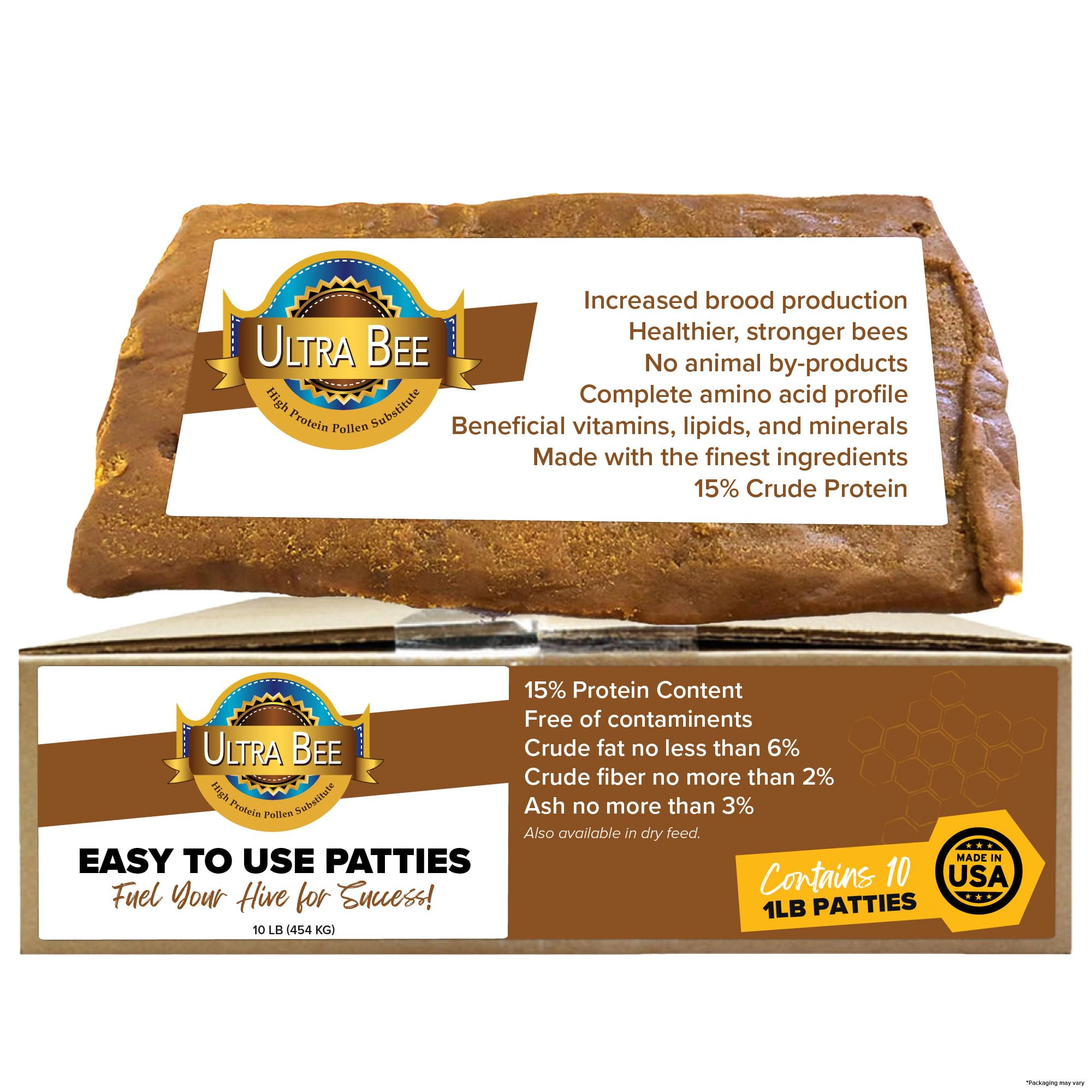 Mann Lake Ultra Bee Pollen Substitute Patties, High Protein, Boosts Brood, Healthy Colony, Beekeeper Essential, Free from Animal by-Products, Rich in Vitamins & Amino Acids, 10 Lbs