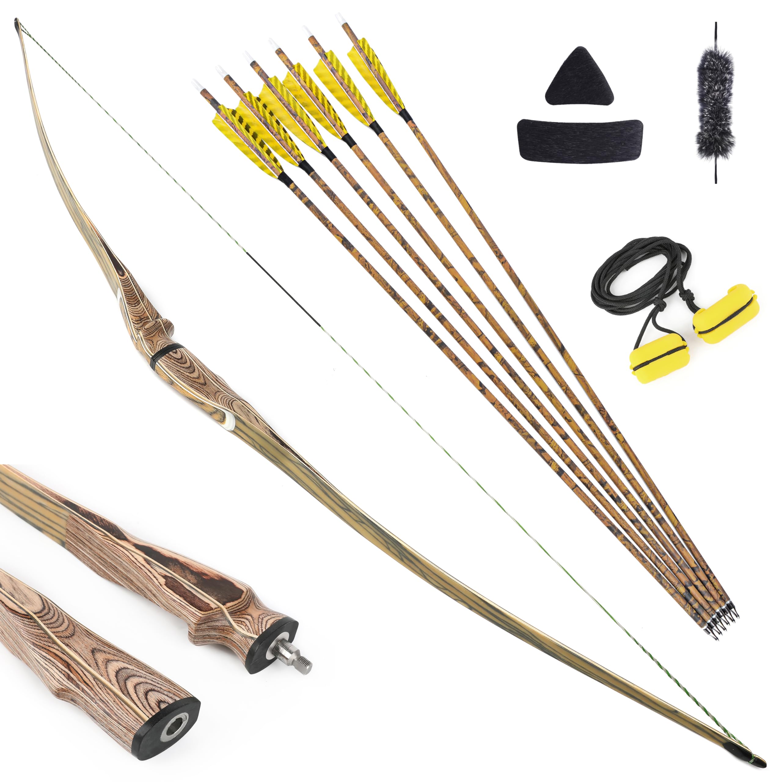 Archery Takedown Traditional Longbow Recurve Bow and Arrows Set, 60” 62" 64" Detachable Hunting Bow Triangle Long Bow 20-50lbs Wooden Horsebow for Adult Hunting Practice (64" /Bow Set, 50lbs)