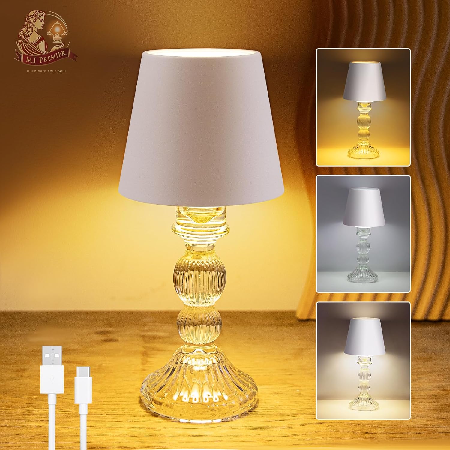 MJ PREMIER Rechargeable Cordless Table Lamp with Touch Control ...