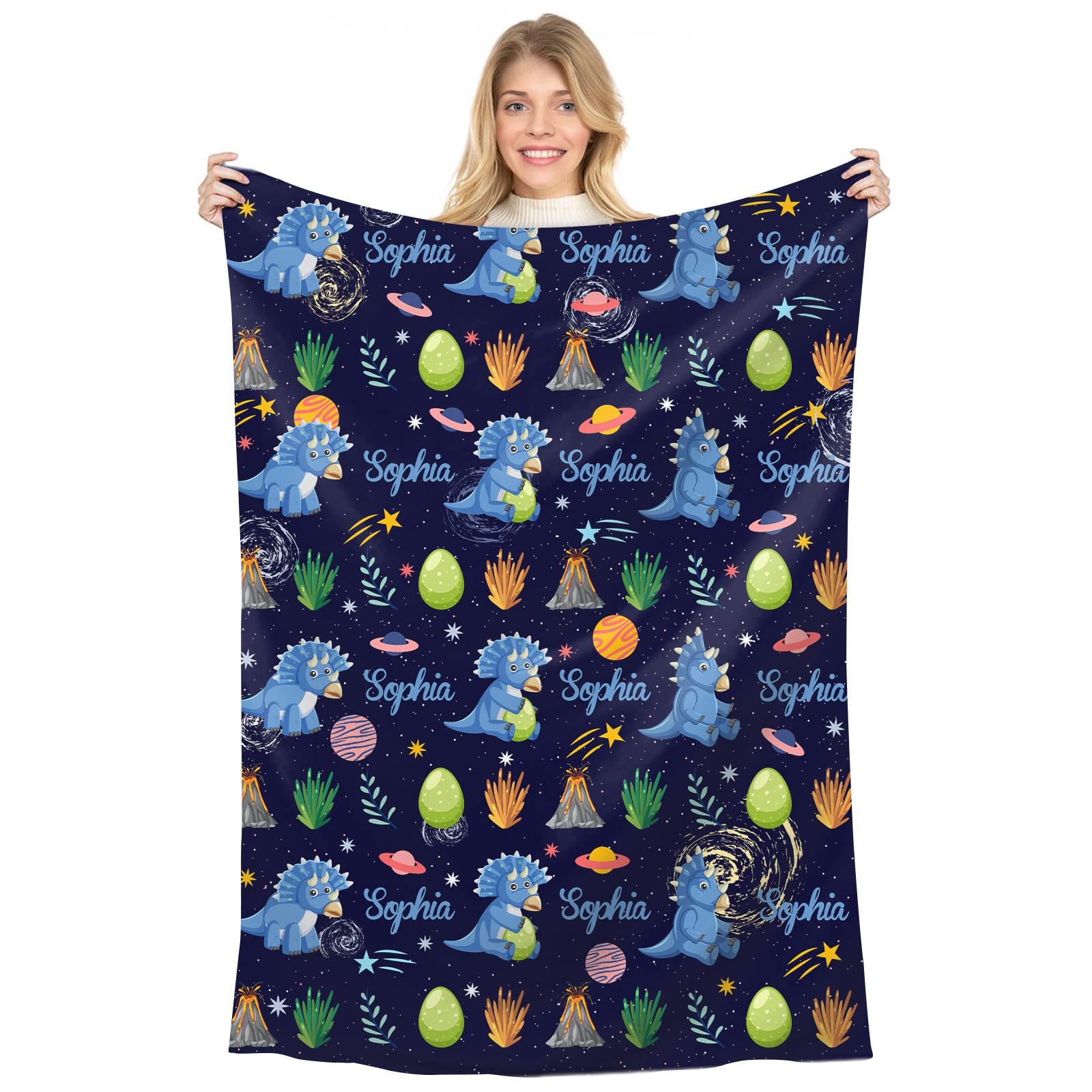 Naispanda Personalised Dinosaur Fleece Throw Blanket for Children Kids Boys Girls Custom Blankets with Name Baby Blanket Gift for New Mother Customise Name Cute Cartoon Customised Throws