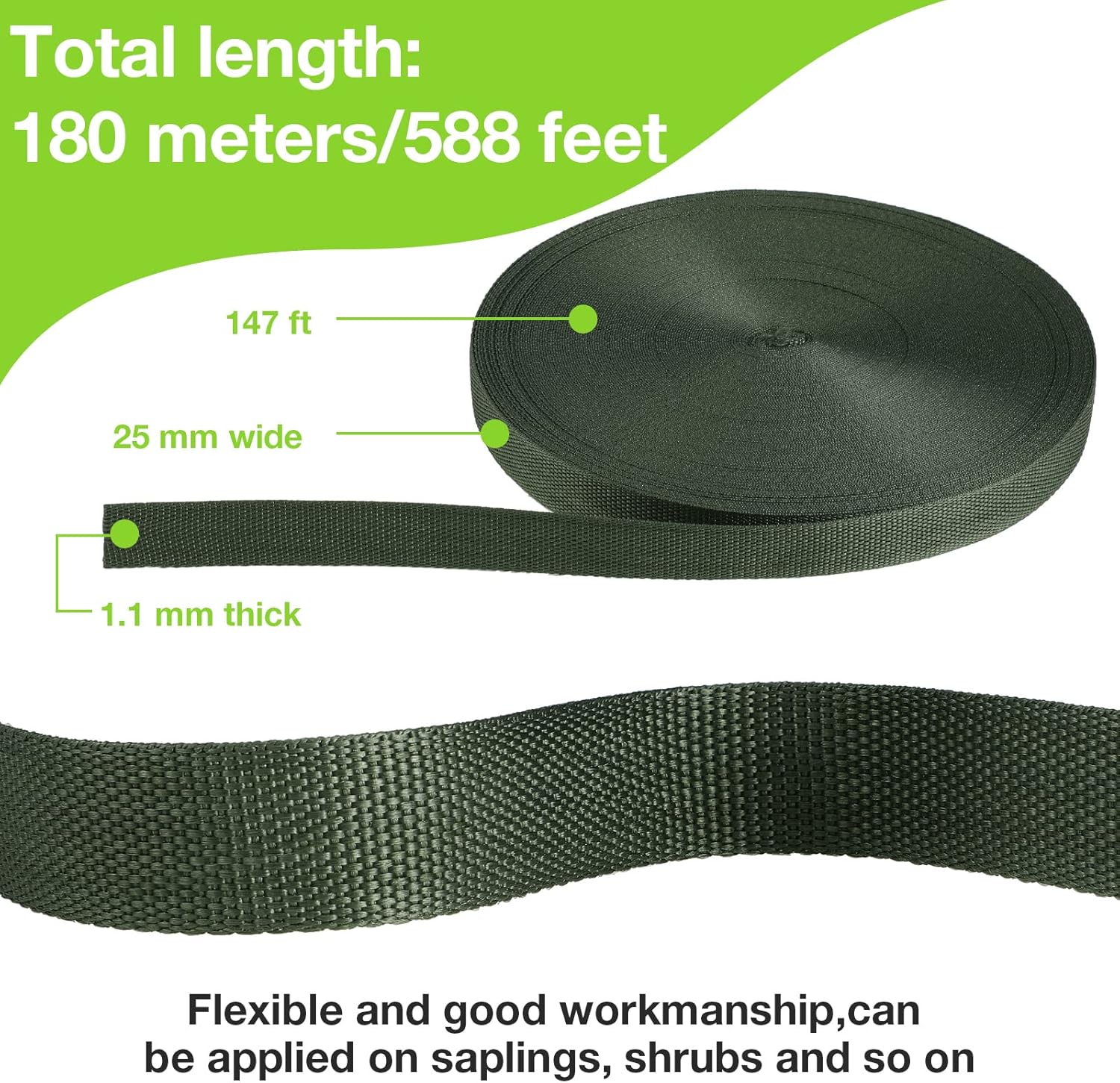 Shappy Tree Tie Strap Garden Webbing Strap Garden Plant Supports Tree Tie Staking and Guying for Outdoor Use, Plant Supports, Grafting, Straightening Supplies(Dark Green,590.55 Feet x 1 Inch)