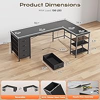 Vista 3 de Huuger Escritorio en forma de L de 55 pulgadas con cajones de tela, escritorio reversible para juegos para computadora con tomas de corriente