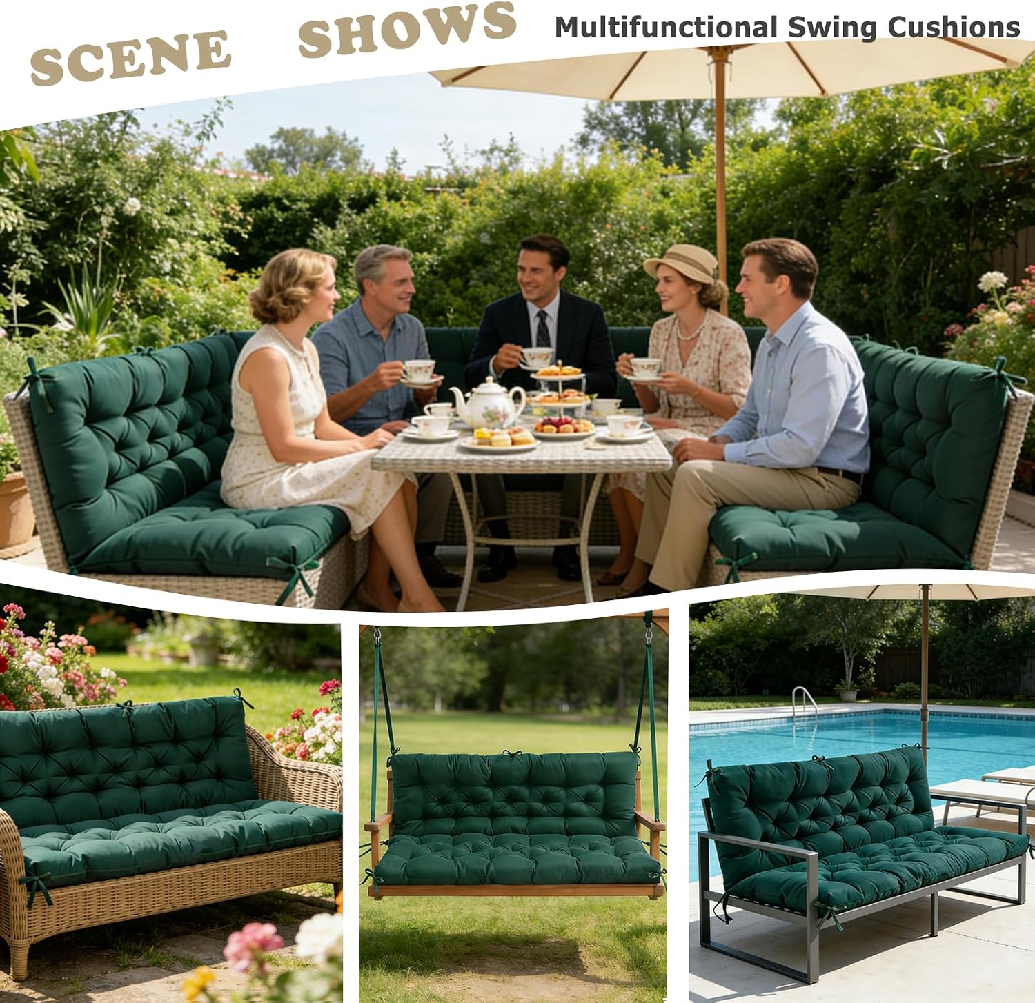 2-3 Seater Porch Swing Cushion with Backrest, 5 Inch Waterproof Outdoor Bench Cushion for Patio Porch Garden Backyard(Dark Green,40 * 40 in)