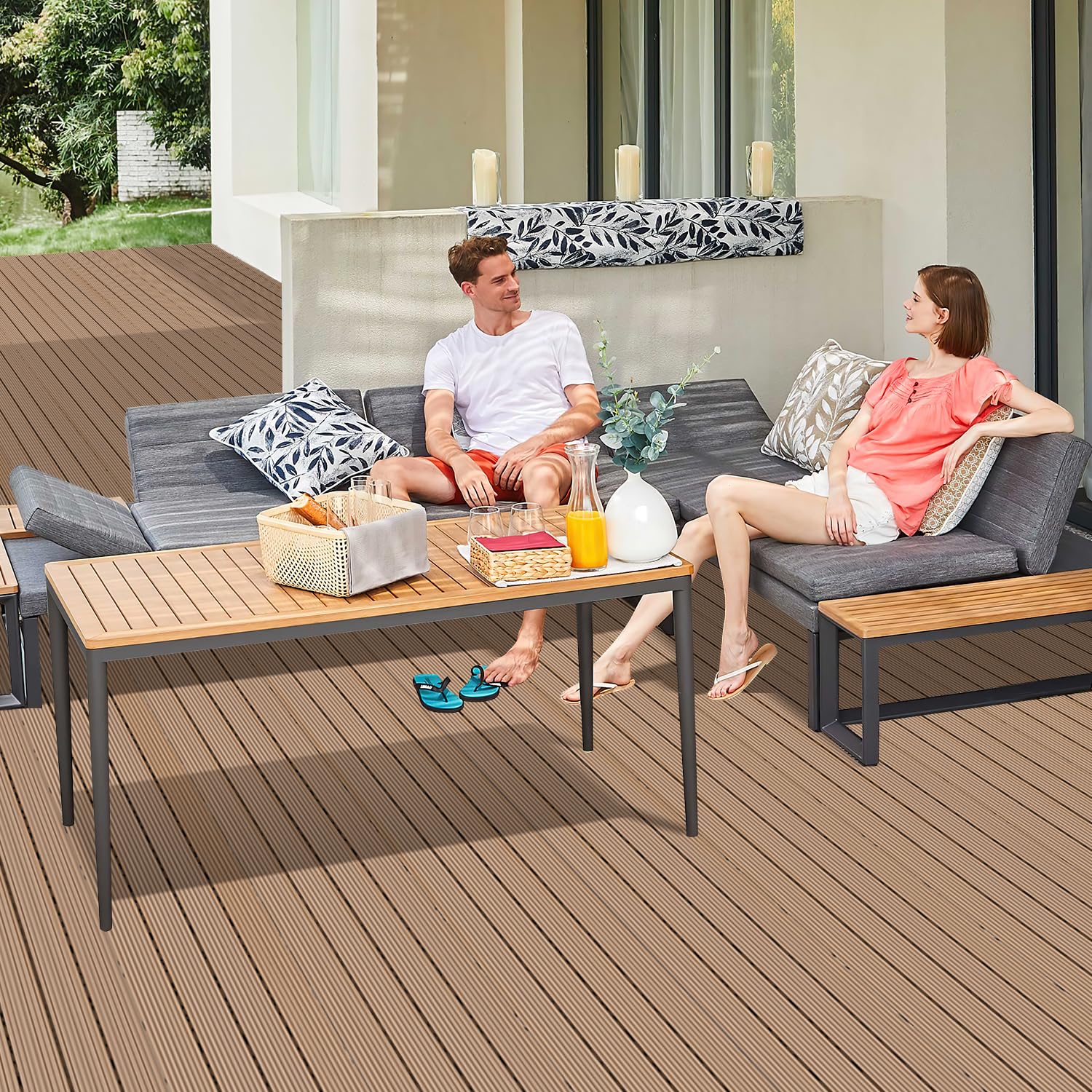 Randaco Lot de 12 dalles de balcon en WPC - 30 x 60 cm - Aspect bois - Pour 2 m² - Résistant aux intempéries - Avec fonction de drainage - Antidérapant - Facile à poser - Teck