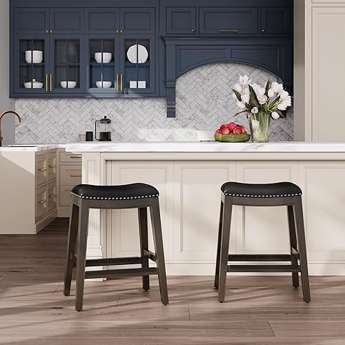 Miniatura 65 de DTY Indoor Living Durango - Taburete de cuero regenerado, taburete de mostrador de 24 pulgadas, acabado espresso, asiento de cuero negro Acabado