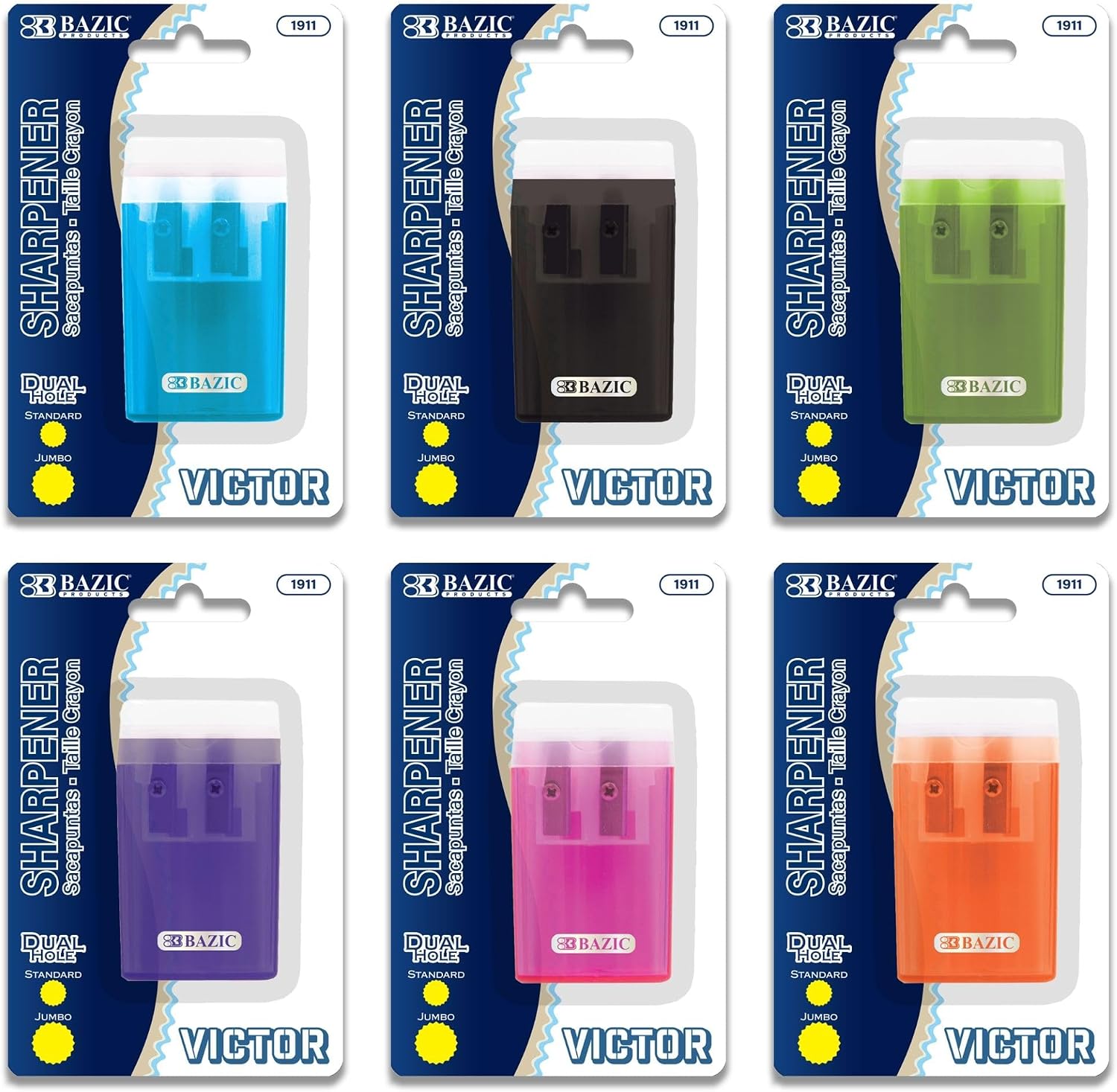 BAZIC Products Pencil Sharpener Dual Blades w/Lid & Receptacle, Standard & Jumbo Size Pencils Crayon, Double Blade Sharpeners, 144-Packs