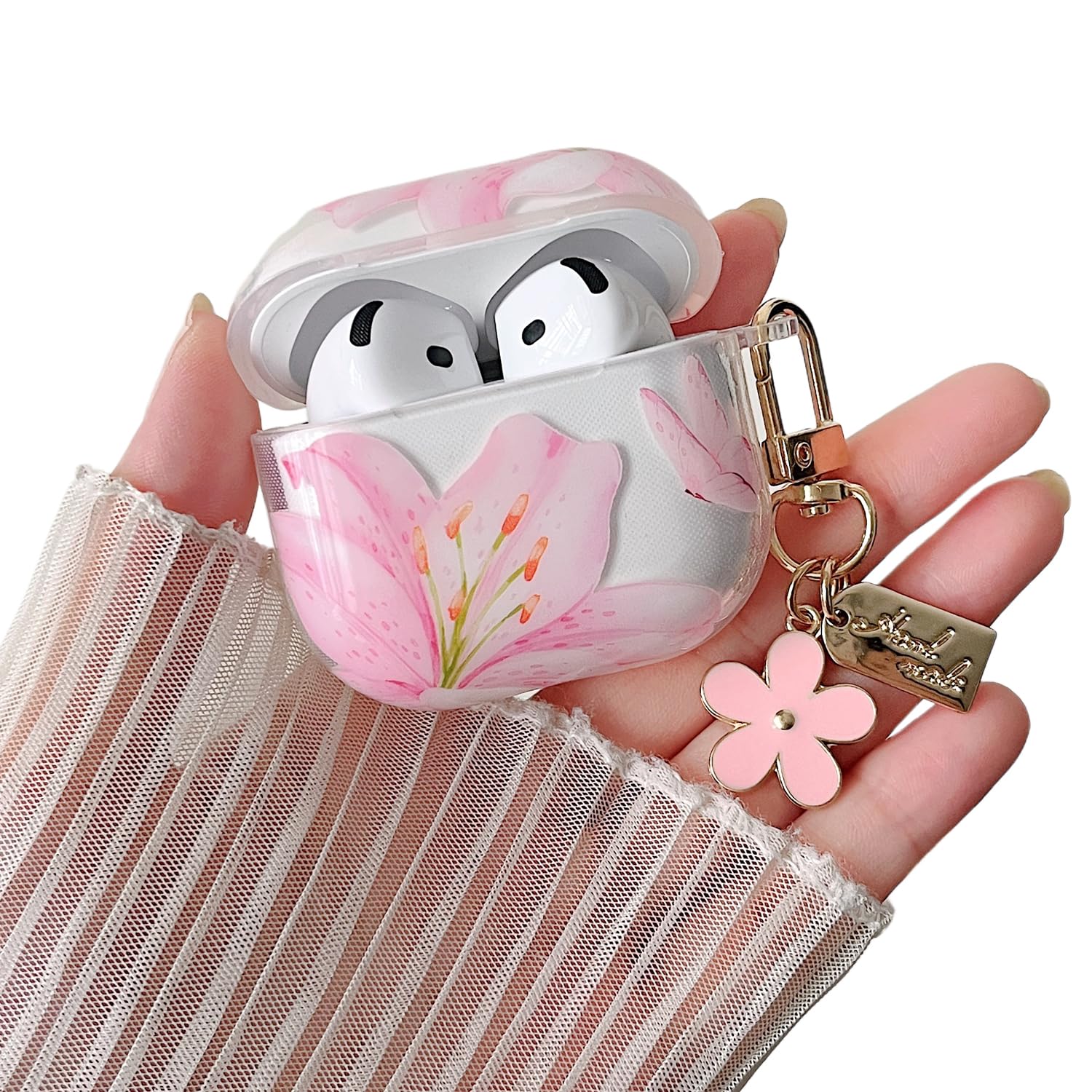 MINSCOSE Compatible with AirPods 4 Clear Case, Cute Flower and Butterfly Design with Aesthetic Floral Keychain Soft TPU Protective Shockproof Cover for AirPods 4 for Women Girls-Pink