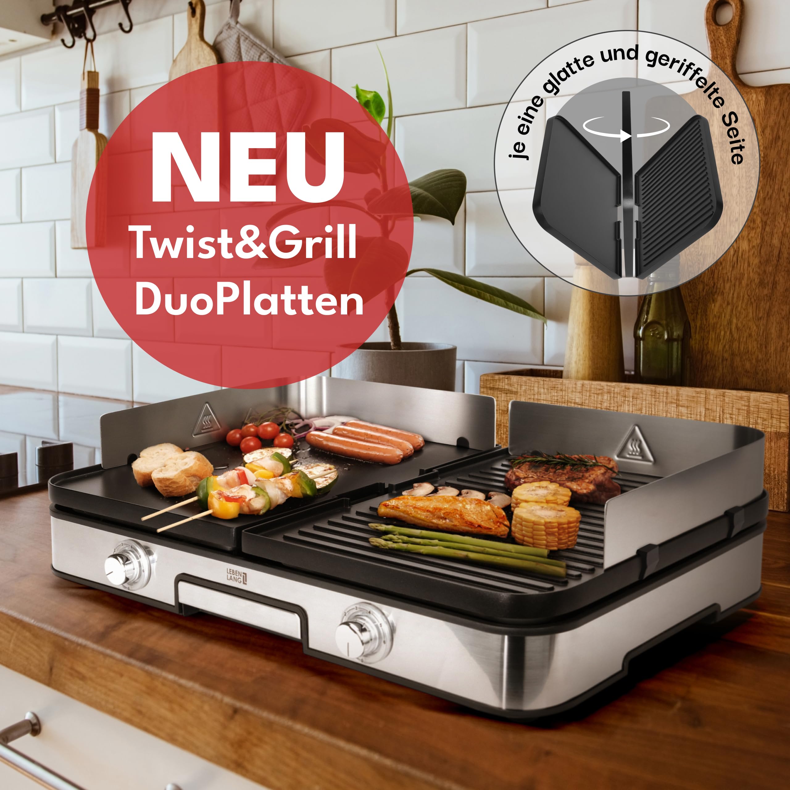 LEBENLANG Elektrogrill Tischgrill 2400W Elektrischer Plattengrill für Balkon