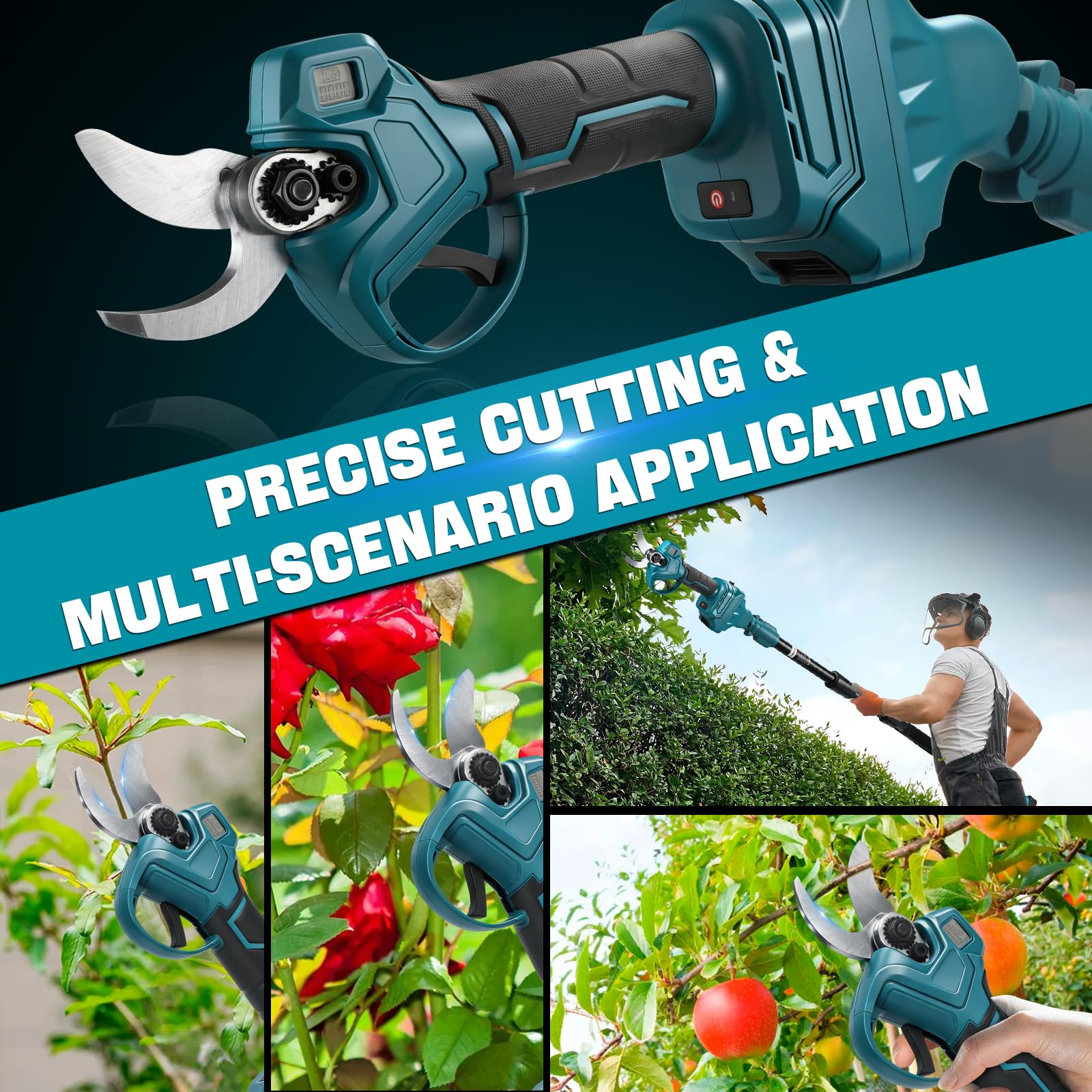 Akku Astschere Mit 2.0M Teleskop für Makita 18V (ohne Akku) 1000W | Bürstenlose Gartenschere Öffnung 45mm, Max 30mm Schnittdurchmesser, LCD Display Elektrische Schere zum Sträuchern und Ästen