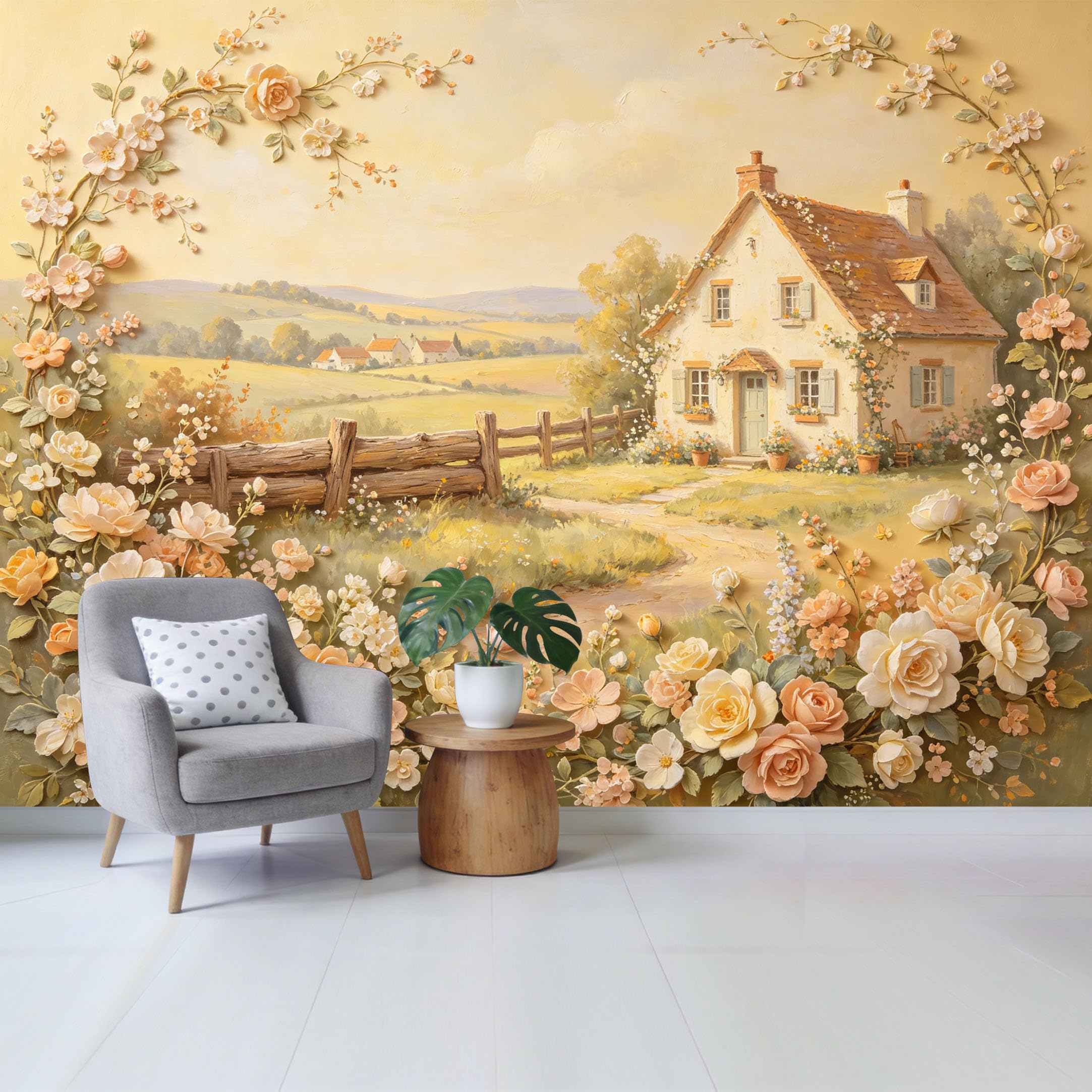 Qzlithotic Yq2605250290 Custom Size Wall Mural American Countryside Farmhouse Oil Painting Floral Garden House Selfadhesive Wall Fabric Removable Wallpaper For Home Office Decor