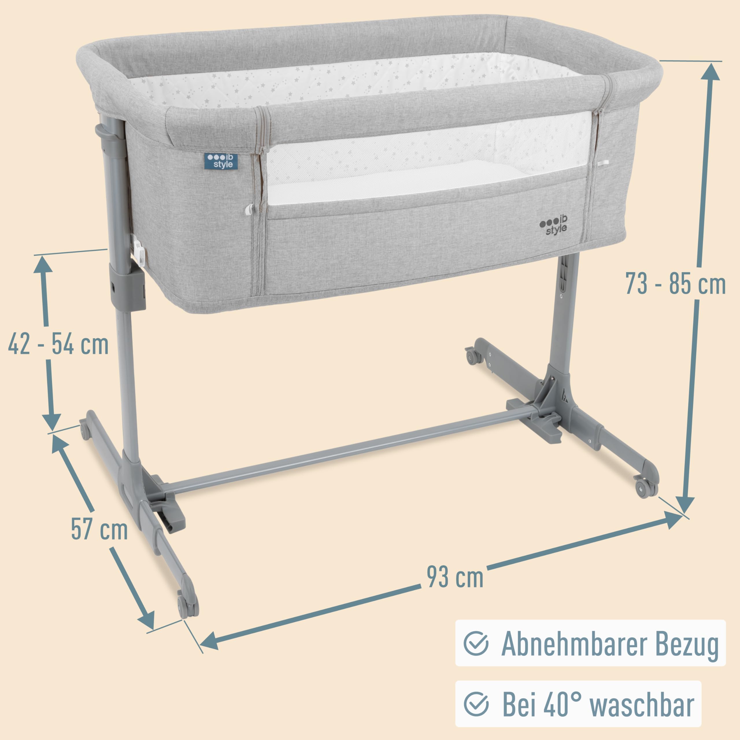 ib style Aluna 3in1 Beistellbett, Babybett, Zustellbett, weiche Matratze, 5-Fach Höhenverstellbar, Reisebett mit Tasche, Kinderbett mit Rollen, Wiege, für Zuhause und Unterwegs - Hell Grau