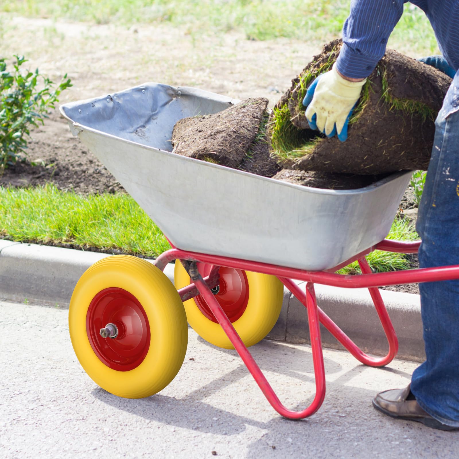 4er Set Ersatzräder 4.80/4.00-8 Vollgummi gelb-rot | 4 Vollgummi-Räder Ø 390 mm, 4PR, bis 200 kg Tragkraft, für Sackkarre, Gartenkarre und Handwagen.