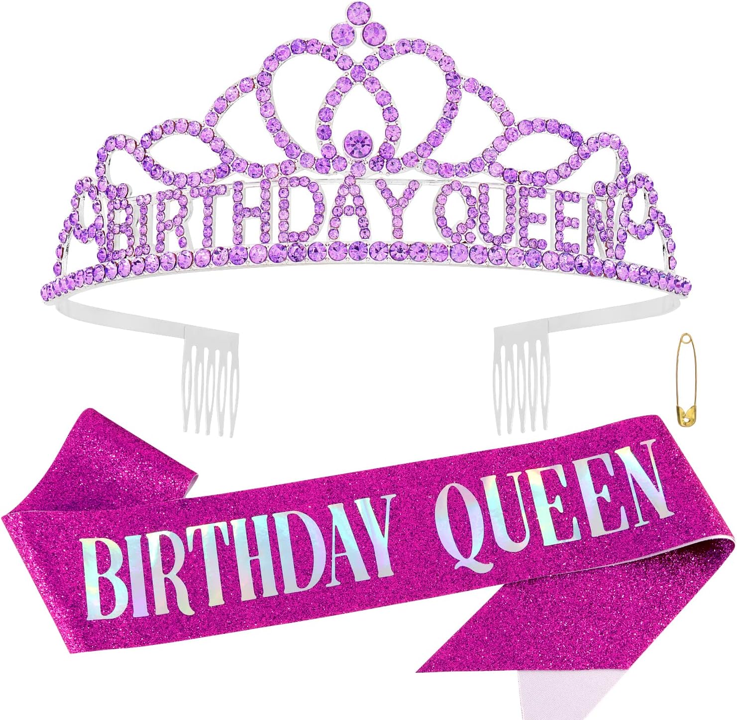 ChanacoBirthday Sash Tiara for Women Happy Birthday Queen Tiaras Birthday Crown for Girls Purple Birthday Decorations Princess Rhinestone Headband Hair Accessories for Party Suppliers Gifts