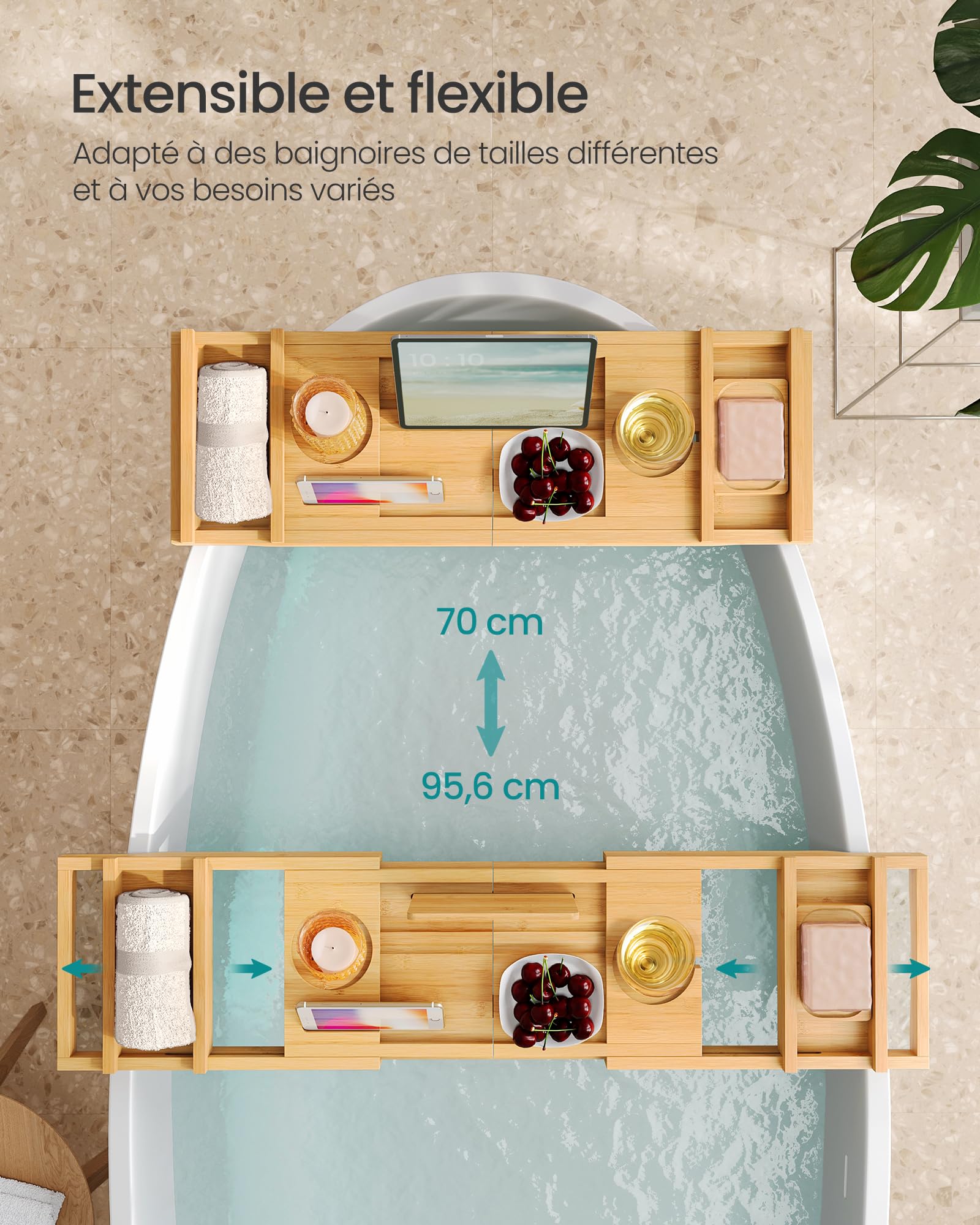 SONGMICS Plateau de Baignoire Extensible en Bambou, Plateau de Bain, Largeur 70 à 95,6 cm, Pliable, Antidérapant, pour Livre, Tablette, Verre de Vin, Serviette, Beige Naturel BCB072N01
