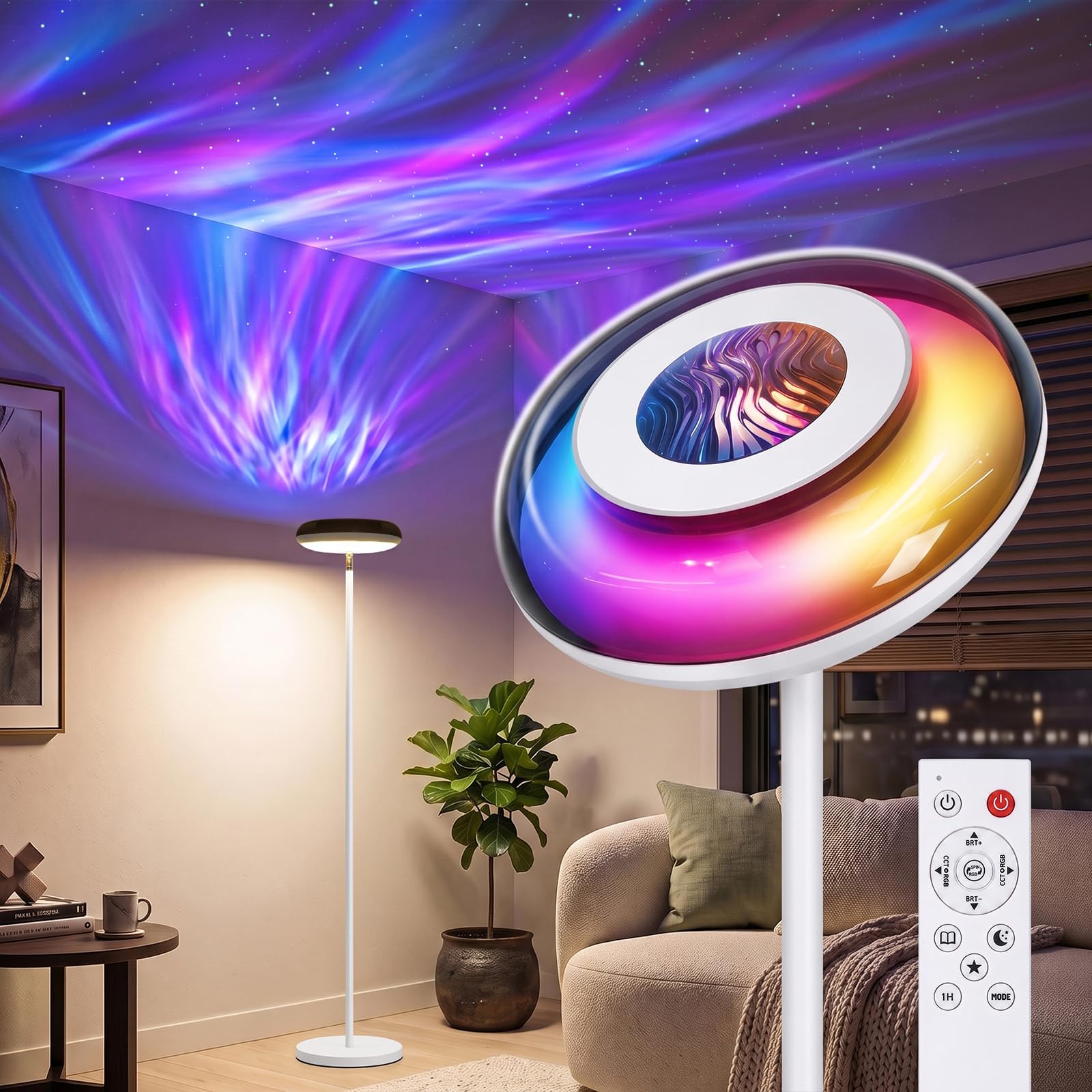 Bairth Uplighter Floor Lamp for Living Room, Ripple and Star Projector