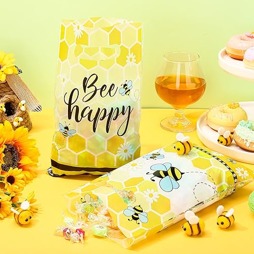 Miniatura 3 de 100 bolsas amarillas de golosinas temáticas de abeja miel con asas, bolsas de plástico con patrón de abeja para baby shower, revelación de género y