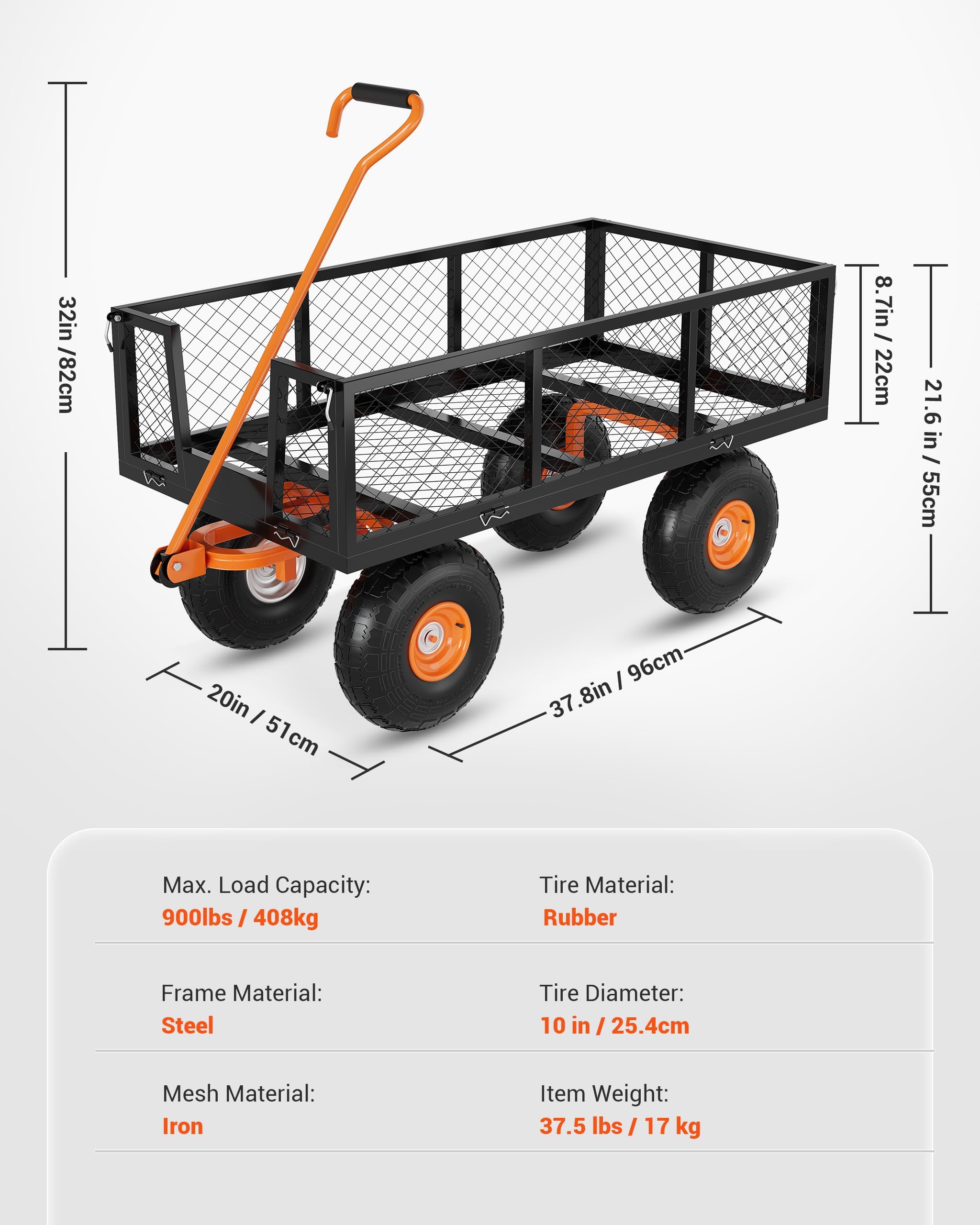 Chariot de Jardin Transport, 408kg Capacité, 96 * 51cm, Côtés Amovibles | Poignée Rotative 180°