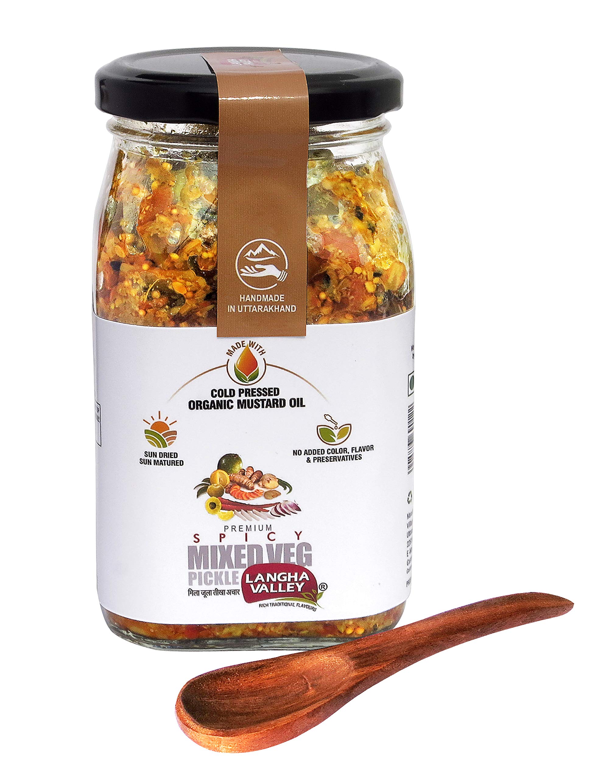 LANGHA VALLEY Homemade Mixed Spicy Pickle (gajar, green chilli, mango, ginger, anjeer, turmeric, hill lemon) – Handmade in Organic Mustard Oil, Preservative-Free, No Added Colors or Flavors, Sun-Dried & Sun-Matured, Glass Jar with Wooden Spoon, 380 Grams