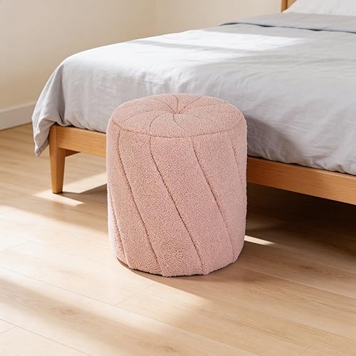 Miniatura 7 de Otomana redonda moderna, otomana con espiral, taburete tapizado de vellón de peluche para maquillaje, dormitorio, sala de estar, rosa Espiral