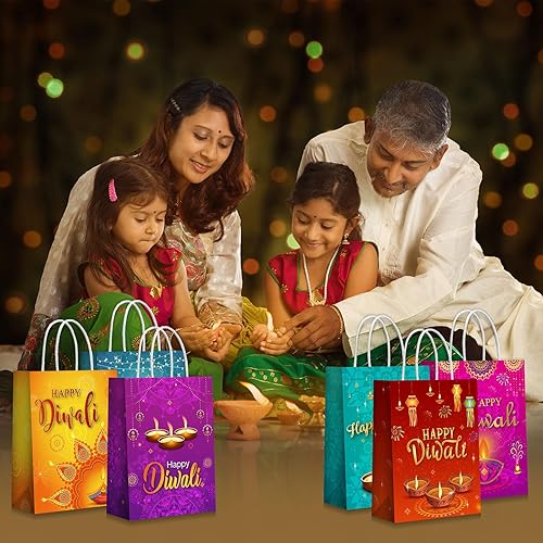 Miniatura 5 de Cholemy 18 bolsas de papel Diwali Happy Diwali con asas, bolsas de regalo de fiesta Diwali, bolsas de regalo de papel de seda, bolsas de dulces