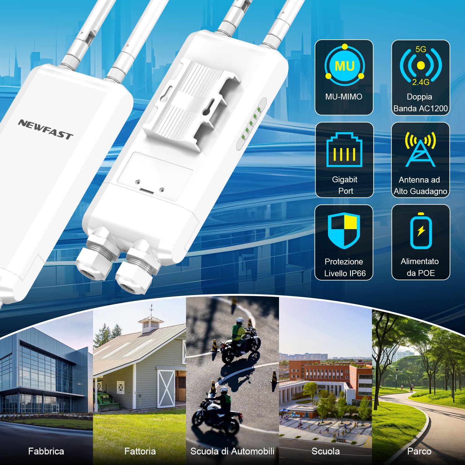 NEWFAST Ripetitore WiFi Esterno, 1200Mbps Access Point Esterno Dual Band 5GHz/2.4GHz Extender WiFi Potente con 48V PoE Power, 3*Gigabit Porta Ethernet, 2 * 5dBi Antenne, IP66, per Esterni