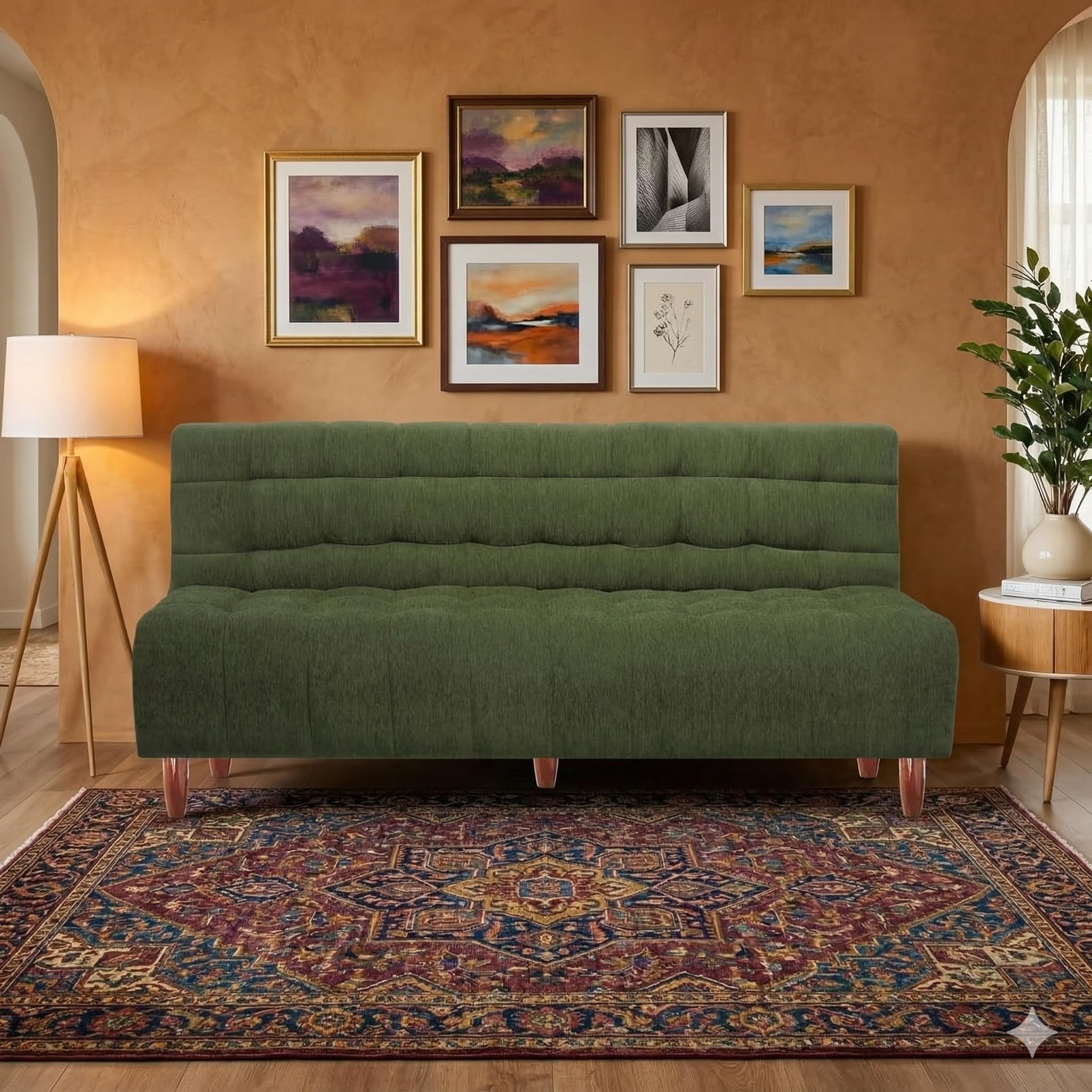 Solis Primus 3 Seater Wooden Sofa Cum Bed Without Armrest | Wide Armrest | Convertible Sofa to Bed | Sofa for Living Room, Mid-Century Modern Style, Fabric Upholstery (Green, 44X72X16)-image-9