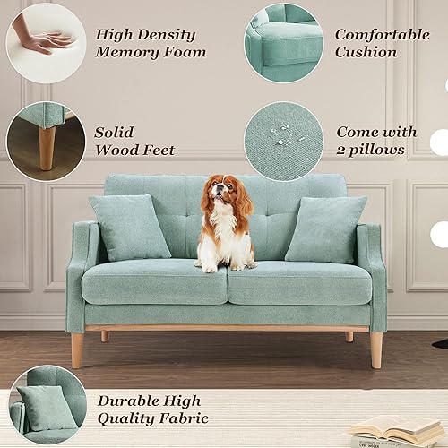Miniatura 6 de Sofá biplaza moderno de 57 pulgadas de mediados de siglo con 2 almohadas, sofá de tela para sala de estar con patas de madera maciza, sofá tapizado