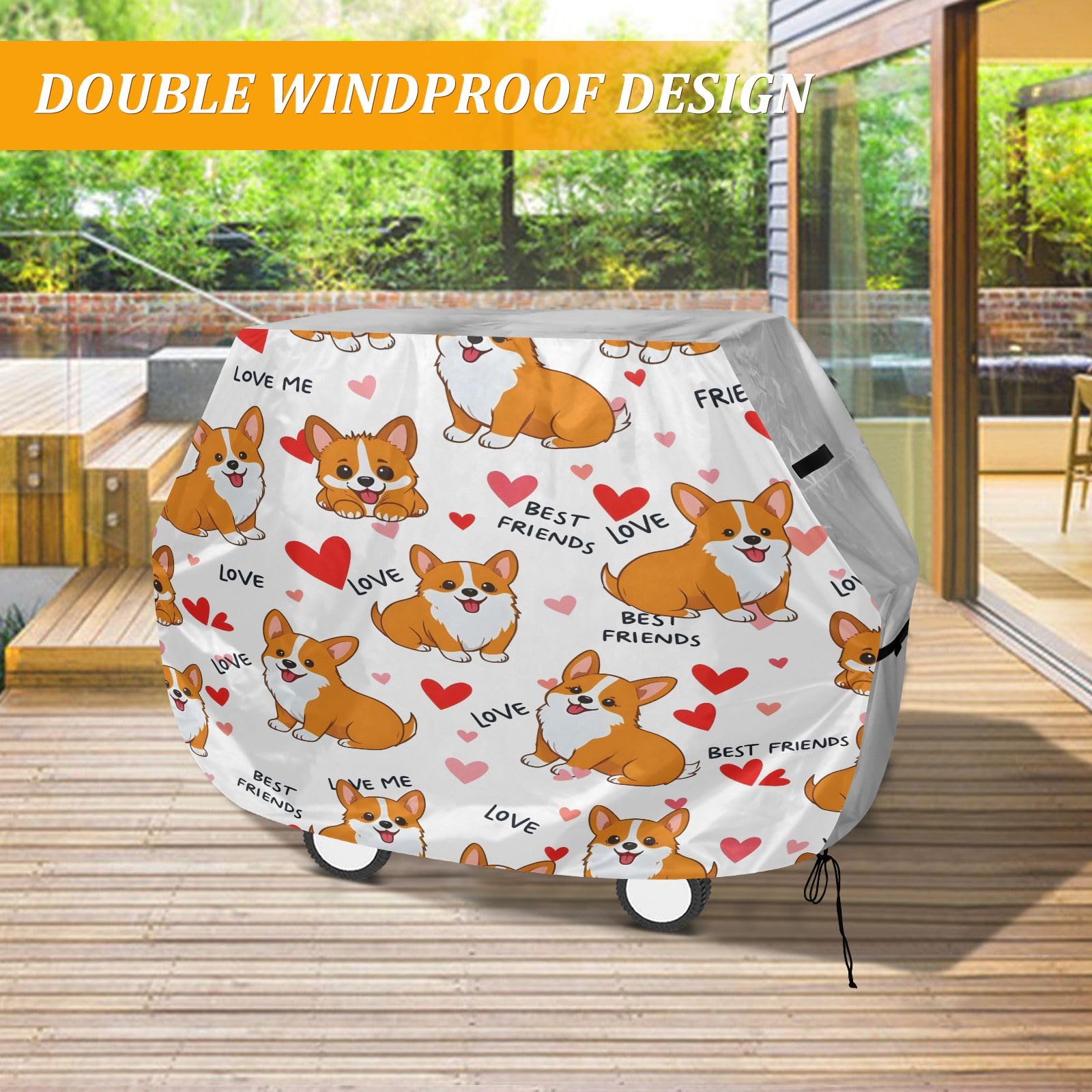 Wysokiej jakości pokrowiec na grilla wodoodporny pokrowiec na grilla odporny na blaknięcie pokrowiec na grilla wytrzymały pasuje do szerokości grilla do 60 cm wzór serca Corgi