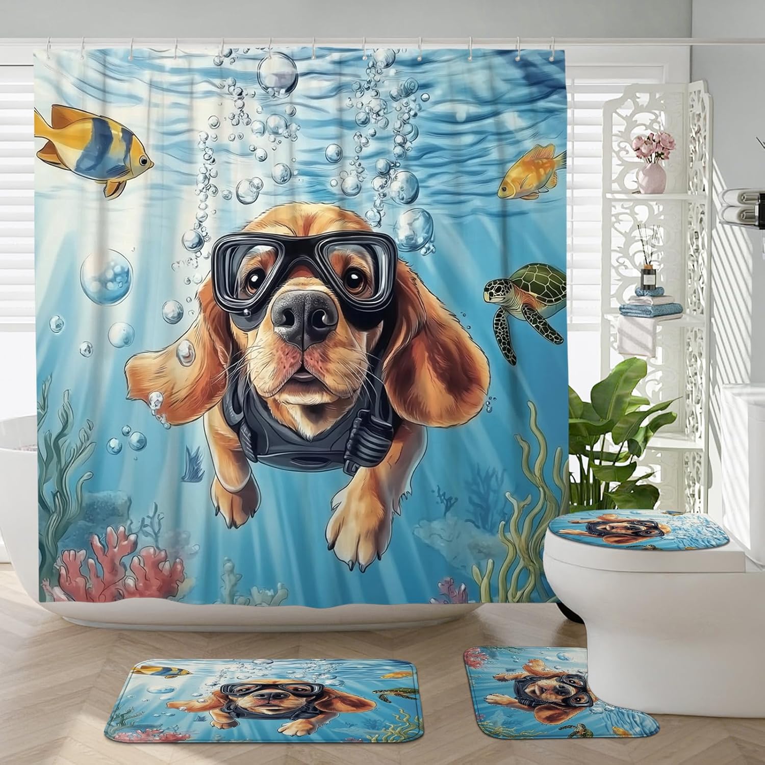 4PCS Spring Bloodhound Dog Bathroom Accessory Sets with Non-Slip Rug, U Shape and Toilet Lid Cover Mat, Fun Puppy Kids Ocean Anime Bathroom Decorative-72''x72''